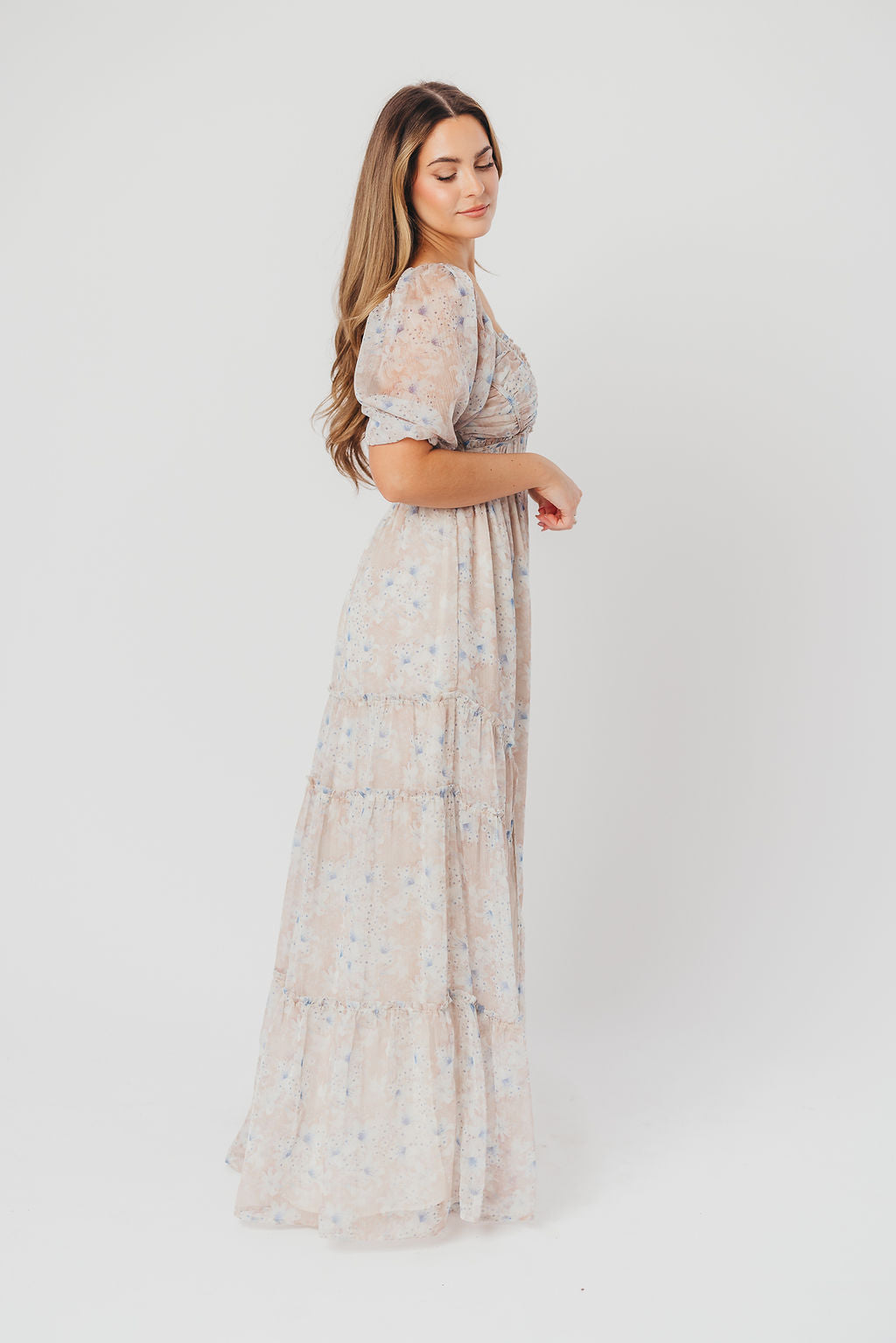 Bump Friendly & Inclusive Sizing Floral Maxi Dress for Women - Beige Blue Daphne Style (S-3XL) | Perfect for Maternity, Beach Vacations & Summer Weddings