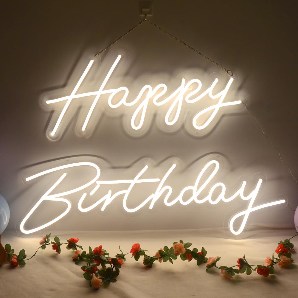 Extra Large Happy Birthday Neon Sign - 66' x 39' LED Party Decor in Warm White | Perfect for Birthday Celebrations, Home Decor & Event Lighting