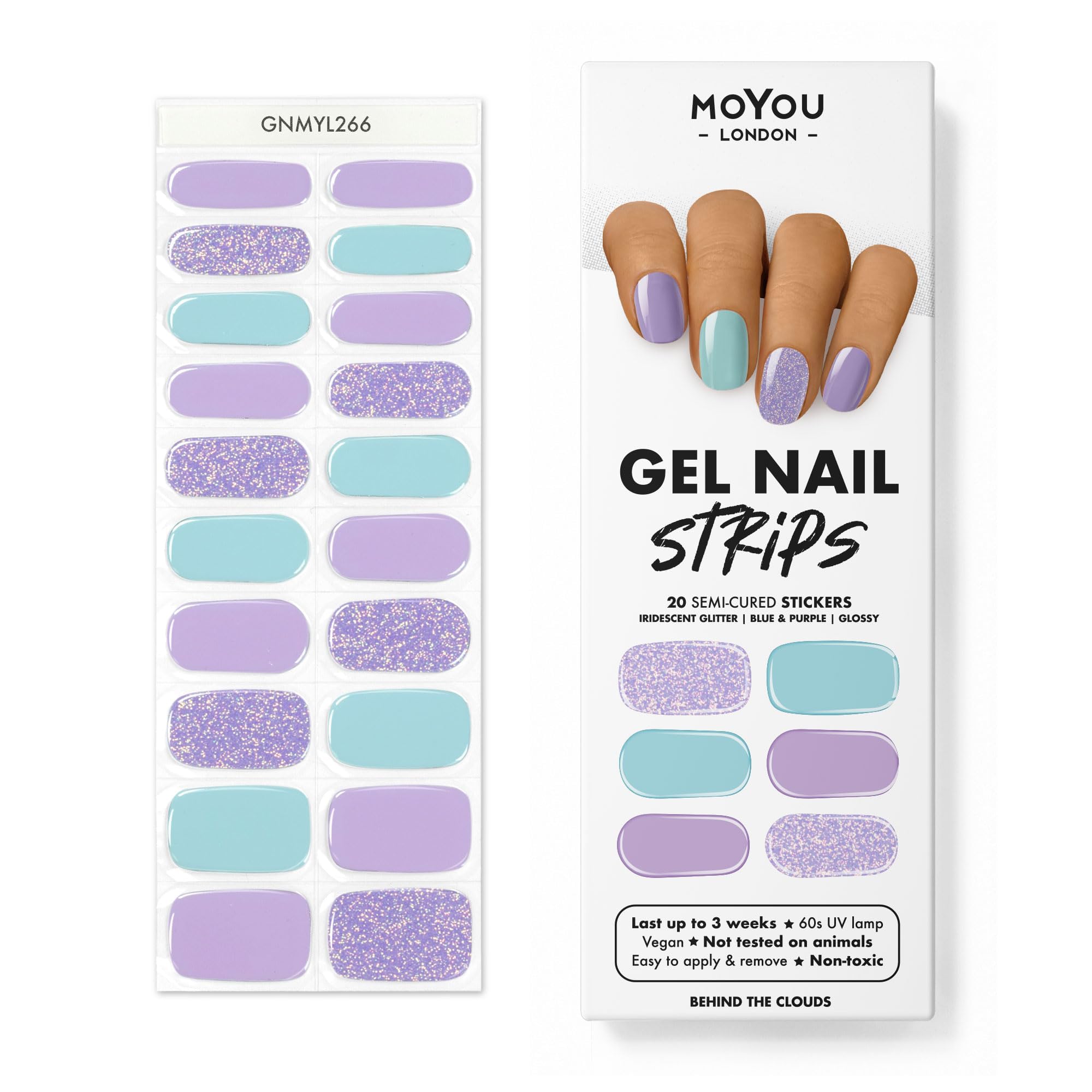 MOYOU LONDON Semi-Cured Gel Nail Stickers - 20 Self-Adhesive Nail Polish Wraps for UV/LED Lamp - Easy Nail Art Designs for Home Manicure & Salon Use - Perfect for Parties, Weddings and Special Occasions