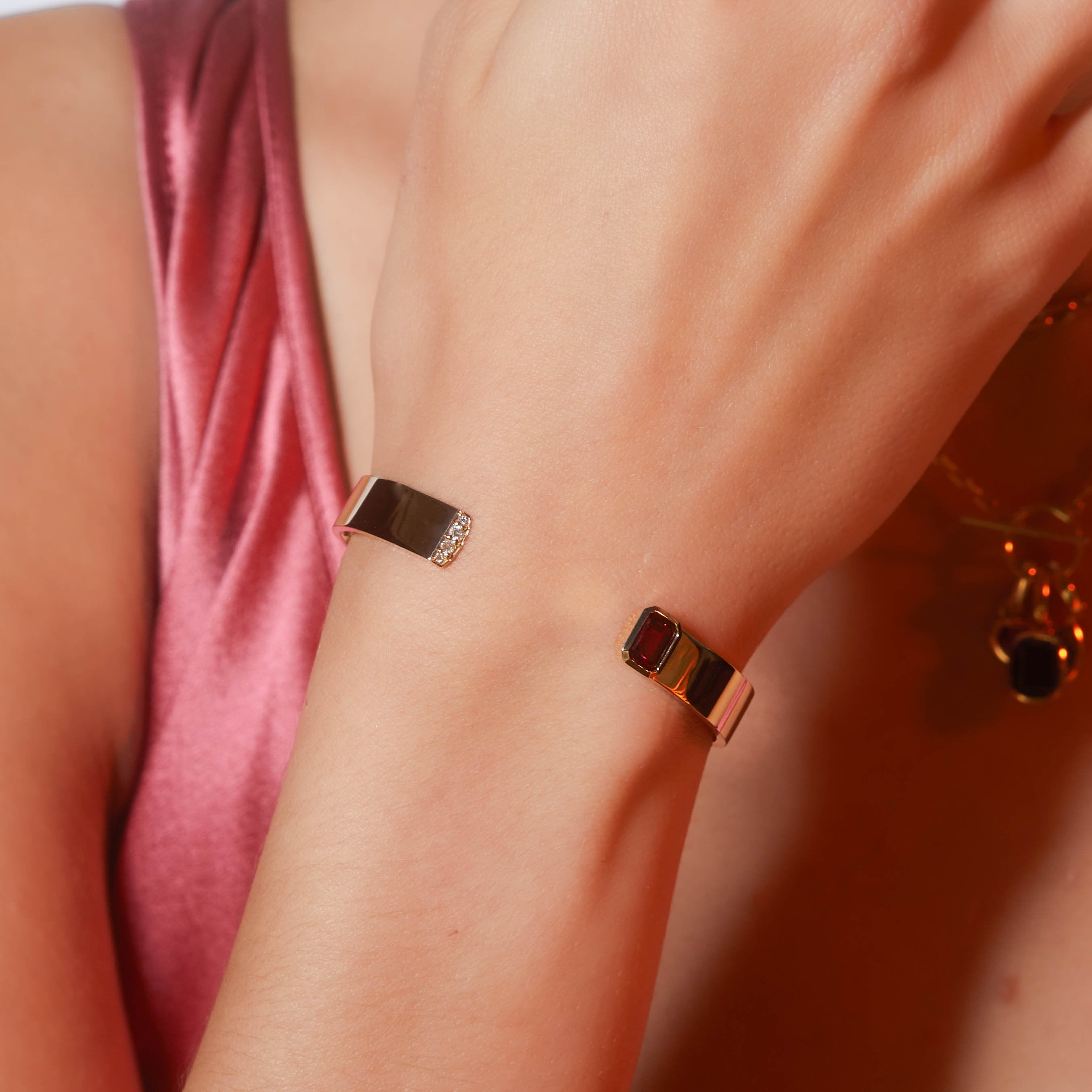 IN STOCK Elegant Ruby Emerald Cut Cuff Bracelet with Pavé Diamonds - Perfect for Weddings, Parties & Special Occasions