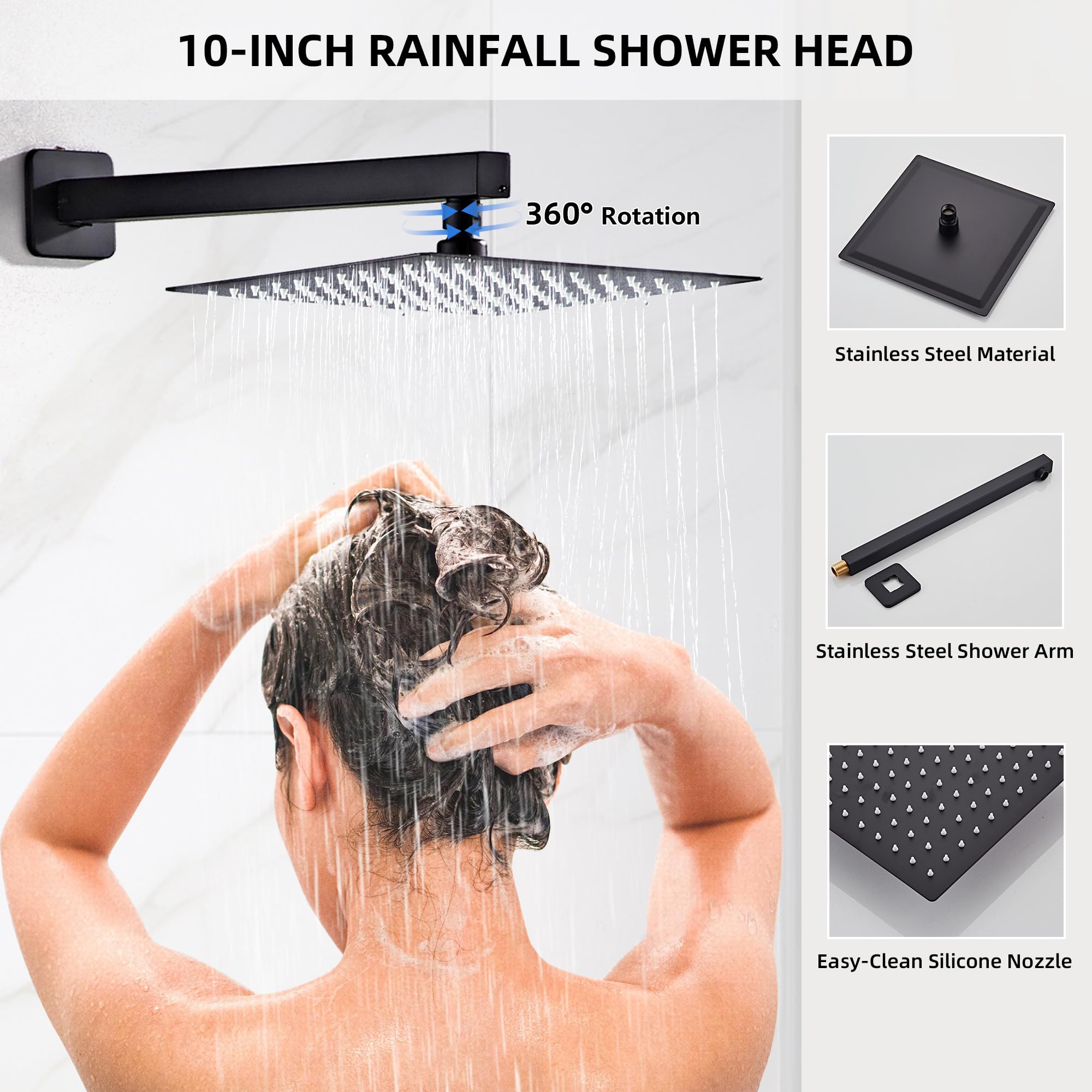 Premium Matte Black Rainfall Shower System - 10