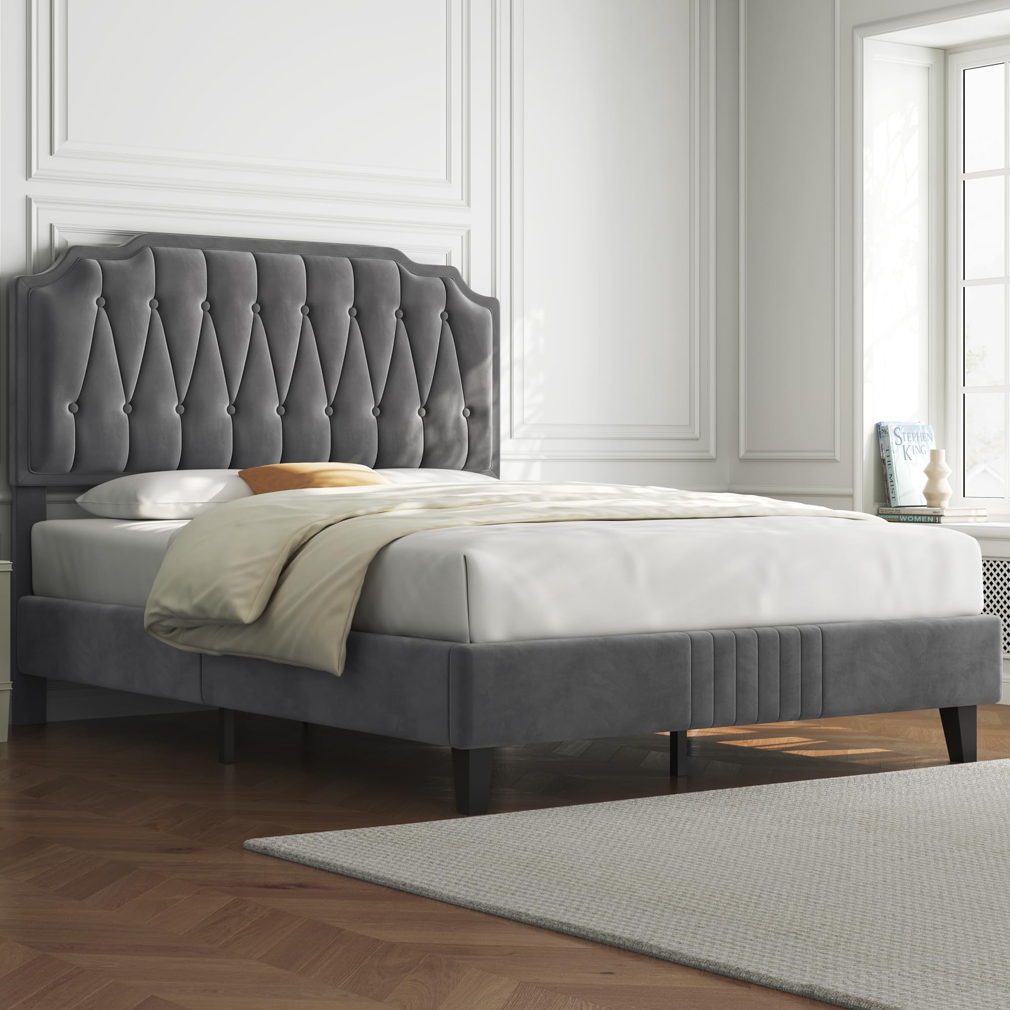 Yaheetech Full Size Bed Frame with Velvet Upholstery, Curved Headboard & Wood Slats - Noise Free, No Box Spring Needed, Easy Assembly, Dark Gray - Perfect for Modern Bedrooms & Guest Rooms
