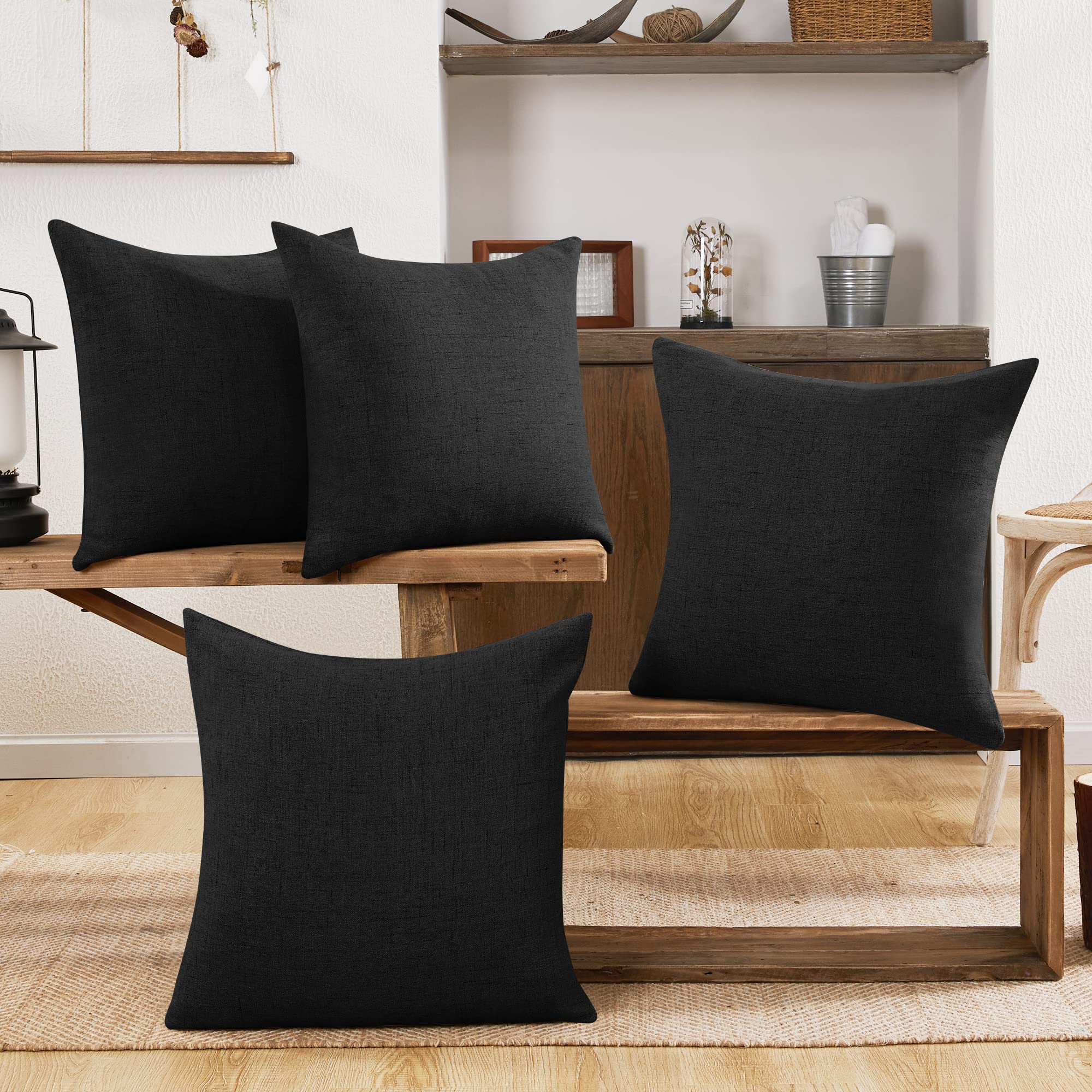 Deconovo Black Halloween Throw Pillow Covers 22x22 Inch - Set of 4 Linen Decorative Cushion Covers with Invisible Zipper for Sofa, Couch, Living Room, Bedroom (No Pillow Insert Included) - Perfect for Halloween Decor, Home Staging & Seasonal Accents