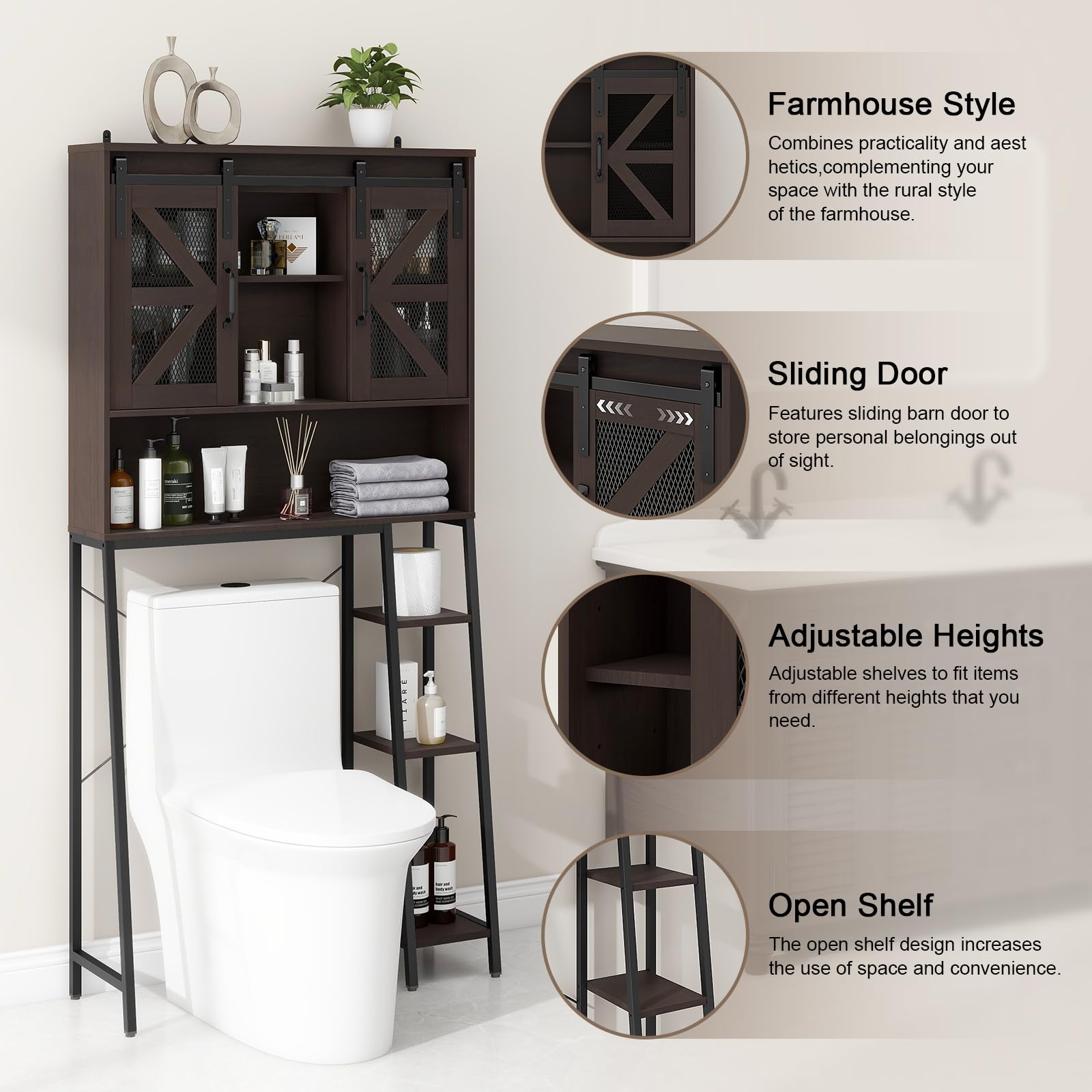 Farmhouse Over The Toilet Storage Cabinet with 2 Sliding Barn Doors - Space Saving Bathroom Organizer for Toiletries, Towels & Laundry - Perfect for Small Bathrooms, Restrooms & Apartment Living (Espresso Finish)
