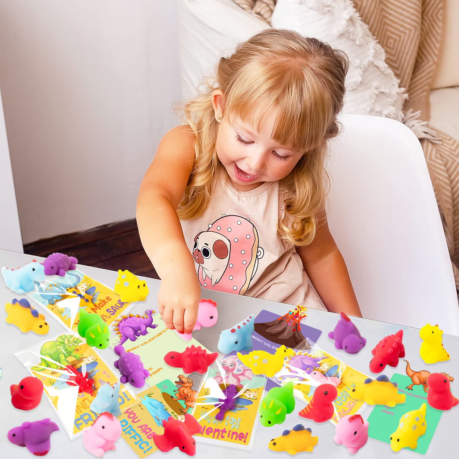 Valentine's Day Cards with Dinosaur Mochi Squishy Toys - 36pcs Classroom Exchange Gifts for Kids | School Party Favors, Valentine's Party Supplies, Classroom Activities & Friendship Gifts