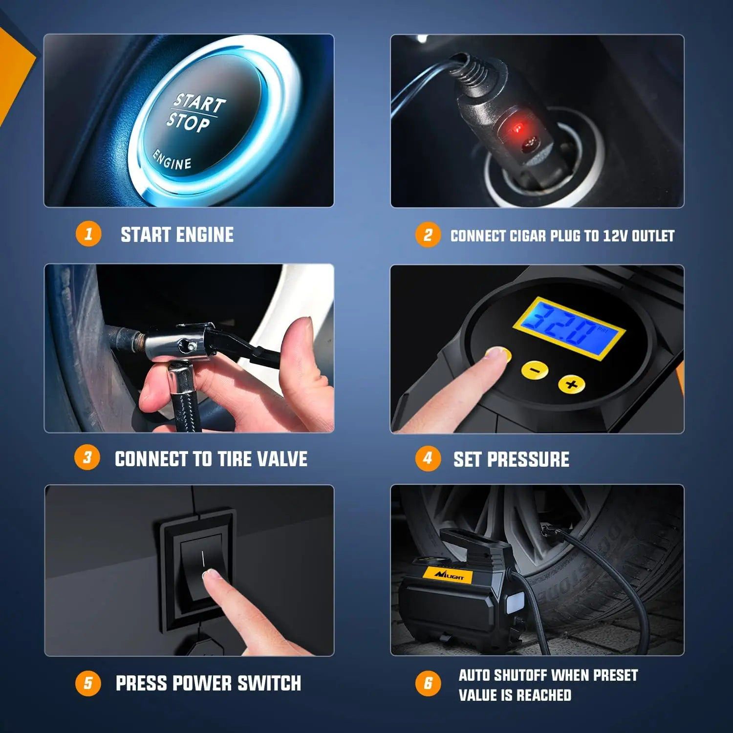 Portable Tire Inflator Air Compressor Pump - 150PSI Digital Electric Air Pump for Car Tires, Bikes, Motorcycles & Sports Balls - Fast Inflation with Auto Shutoff & LED Light for Emergency & Roadside Use