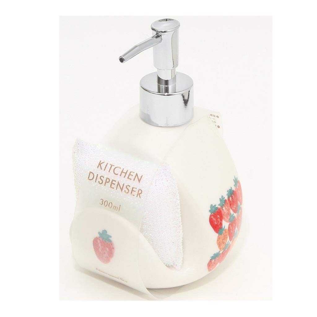 Strawberry Pattern 2-in-1 Kitchen Soap Dispenser with Sponge Holder | Commercial Grade Countertop Dish Soap Pump Bottle | Perfect for Sink, Restaurant, and Home Kitchen Organization