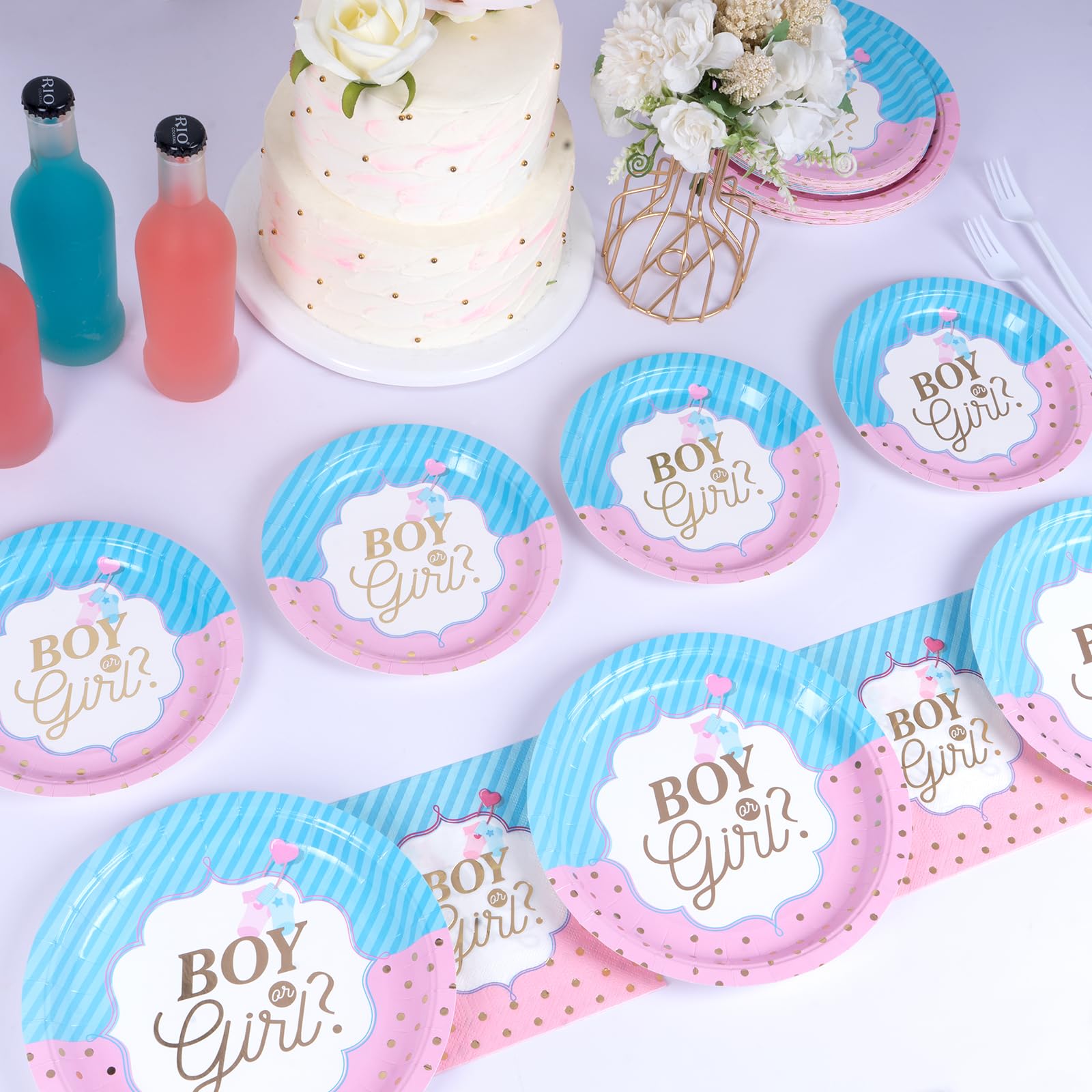 DECORLIFE Gender Reveal Party Plates Set for 24 Guests - Includes 96PCS of Plates, Napkins & Forks - Perfect for Baby Shower, Gender Reveal Celebrations & Special Occasions - Blue & Pink Theme Party Supplies