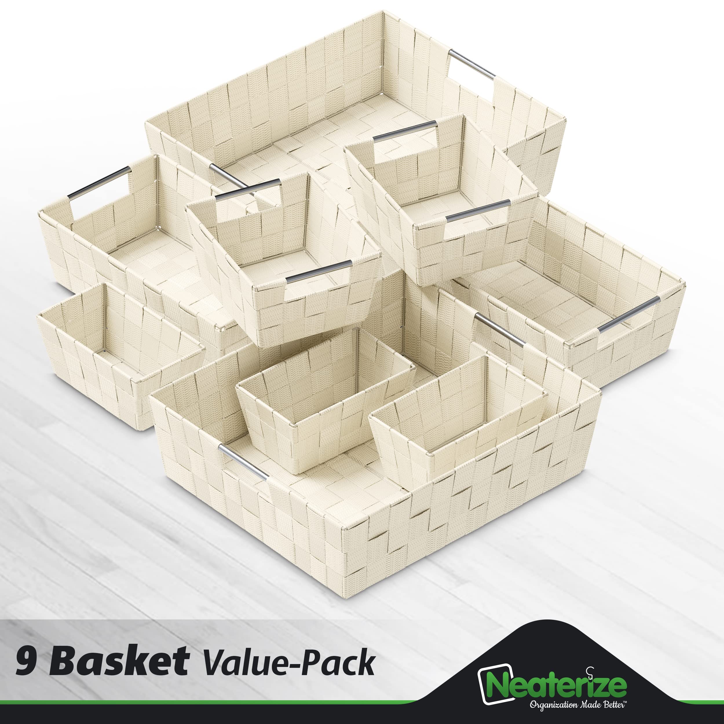 9-Piece Cream Storage Basket Set - Organizing Bins for Shelves, Closet, Bathroom & Pantry - Small Woven Storage Baskets for Home Organization (Perfect for Bedroom, Laundry Room & Kids' Room)