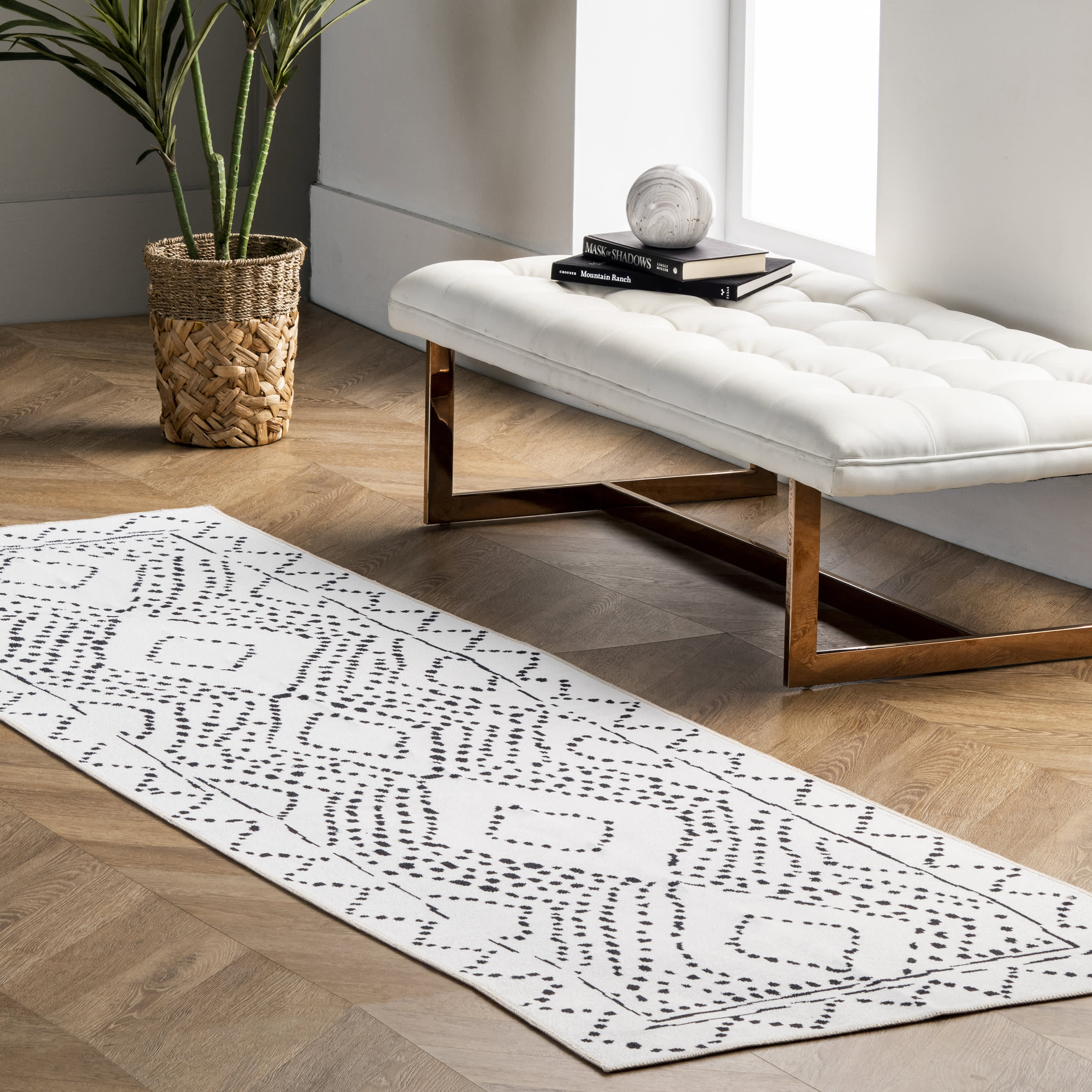 Washable Dotted Diamond Trellis Area Rug - White | Non-Slip Living Room Rug for Bedroom, Nursery & Home Decor