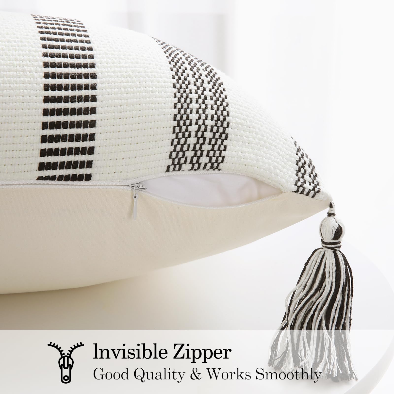 Boho Spring Throw Pillow Covers Set of 2 - 20x20 Inch Decorative Woven Striped Cushion Covers with Tassels for Couch, Bed & Sofa - Black & Cream White - Perfect for Living Room, Patio & Boho Home Decor