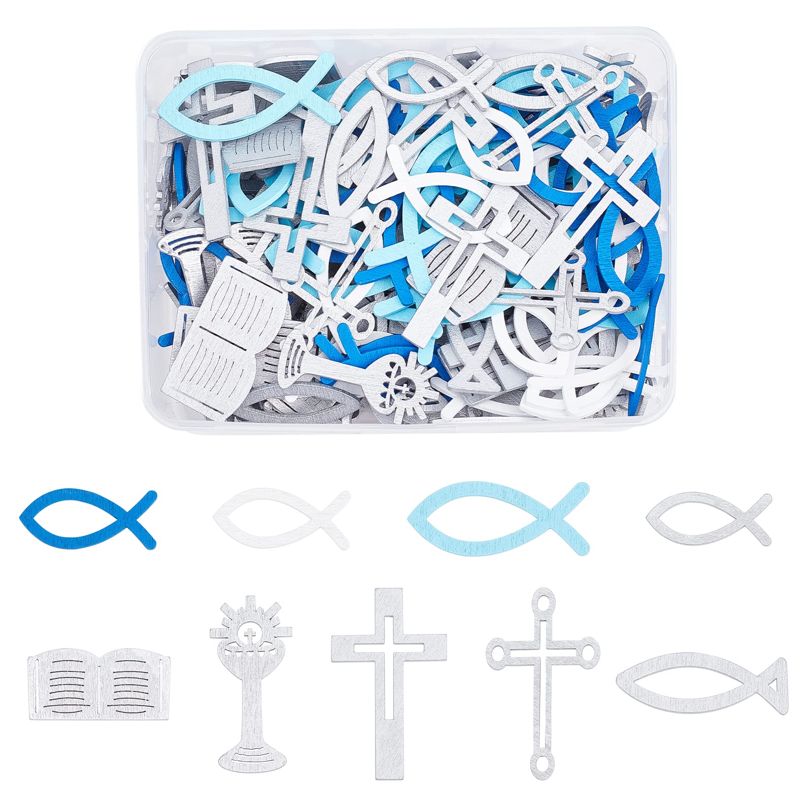 SUPERFINDINGS 180Pcs Blue & White Wooden Fish Decorations - 9 Styles Poplar Wood Jesus Fish Cross Scatter Decor for Baptism, Church Events, Wedding Centerpieces & Table Party Decorations