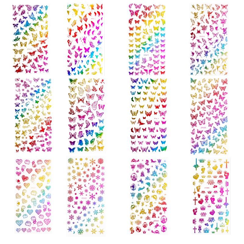 Colorful Butterfly Heart Crown Nail Art Stickers - Self-Adhesive Nail Decals for DIY Manicure, Party, Wedding & Special Occasions