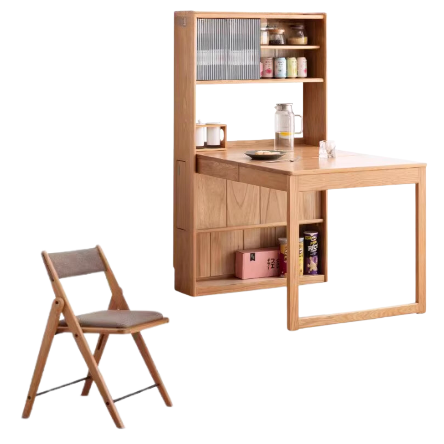 out of stock 45.6-68.5x33x59 inch / 116-174x84x150 cm / Natural Wood Color / Telescopic dining table + four chairs