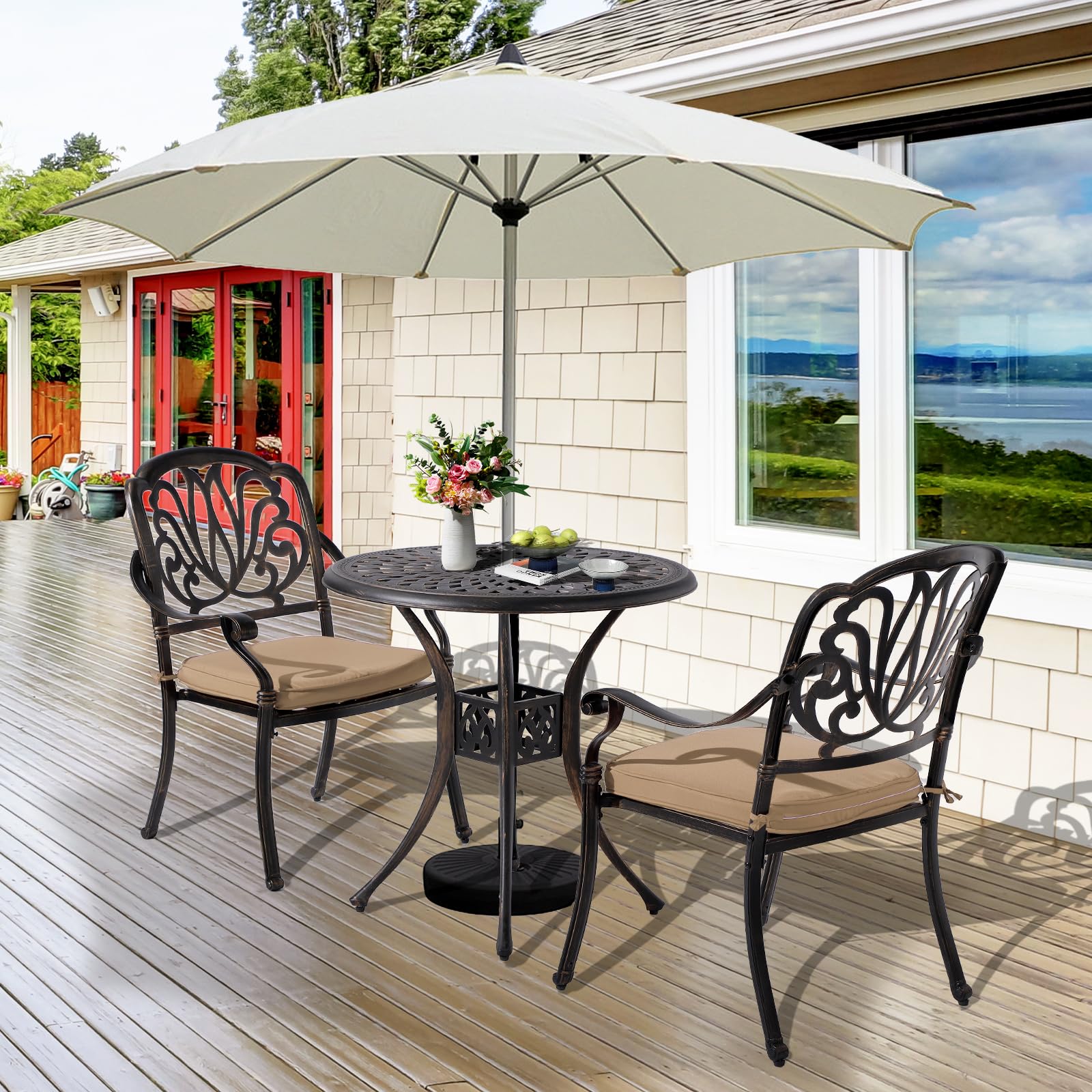 MAGIC UNION 2-Piece Outdoor Dining Chair Set - Durable Cast Aluminum Patio Chairs with Armrests & Khaki Cushions - Perfect for Garden, Backyard, Deck, Poolside & Bistro Dining (Khaki, Set of 2)