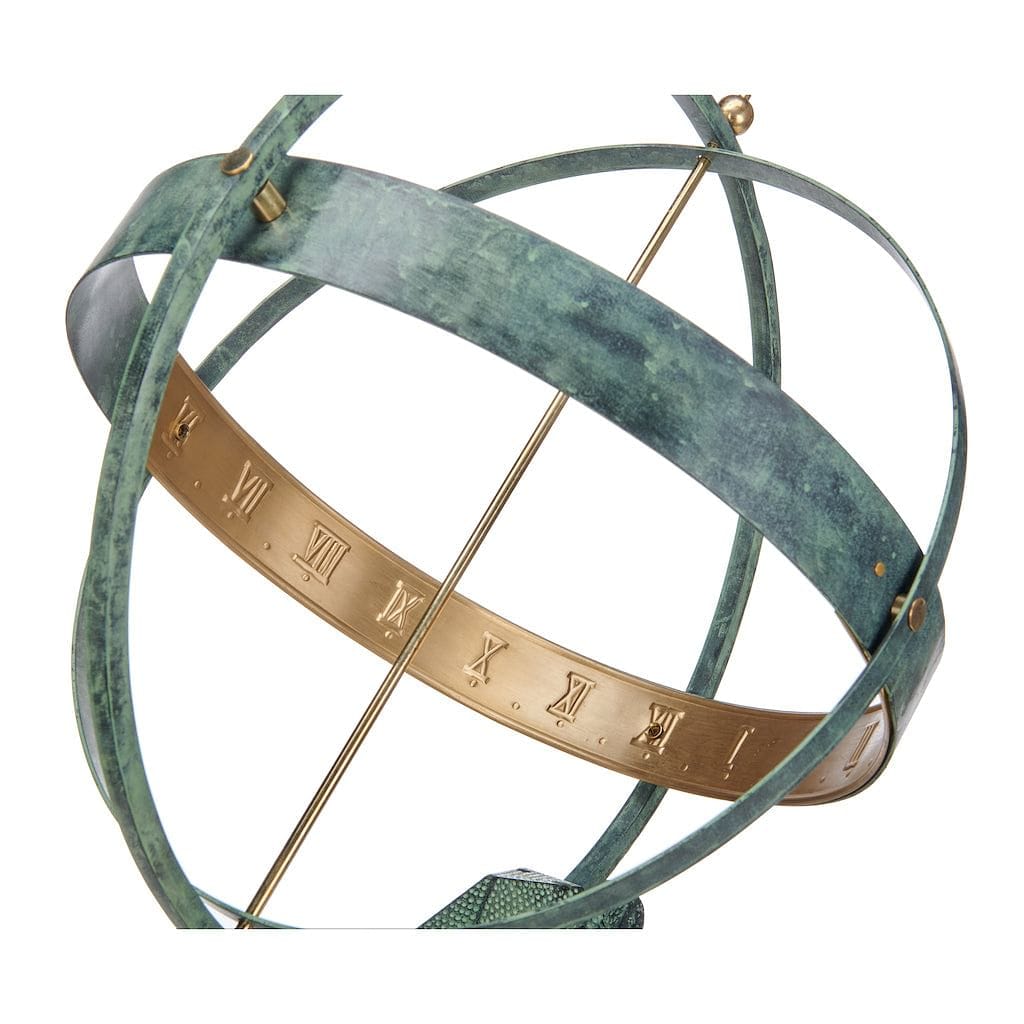 28 Inch Verdigris Atlas Armillary Sundial with Brass Accents – Outdoor Garden Decor, Patio & Yard Ornament for Classic Elegance