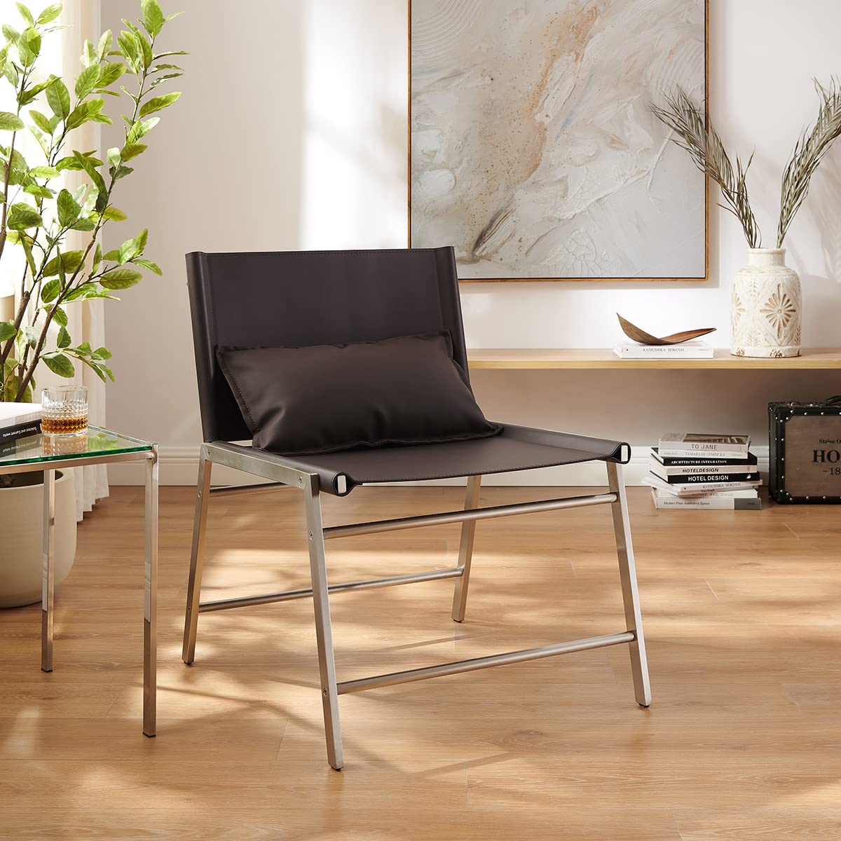 Fat Ant Mid Century Modern Accent Chair - Genuine Saddle Leather Sling Lounge Chair with Stainless Steel Frame for Living Room & Bedroom (Brown) | Perfect for Reading Nooks, Office Spaces & Cozy Home Decor