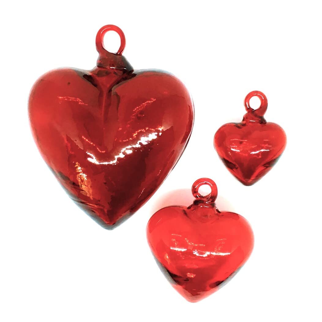 Red Hanging Glass Hearts Set of 6 - Handmade Recycled Blown Glass Decor in 3 Sizes - Perfect for Valentine's Day, Wedding Decorations & Home Wall Ornaments