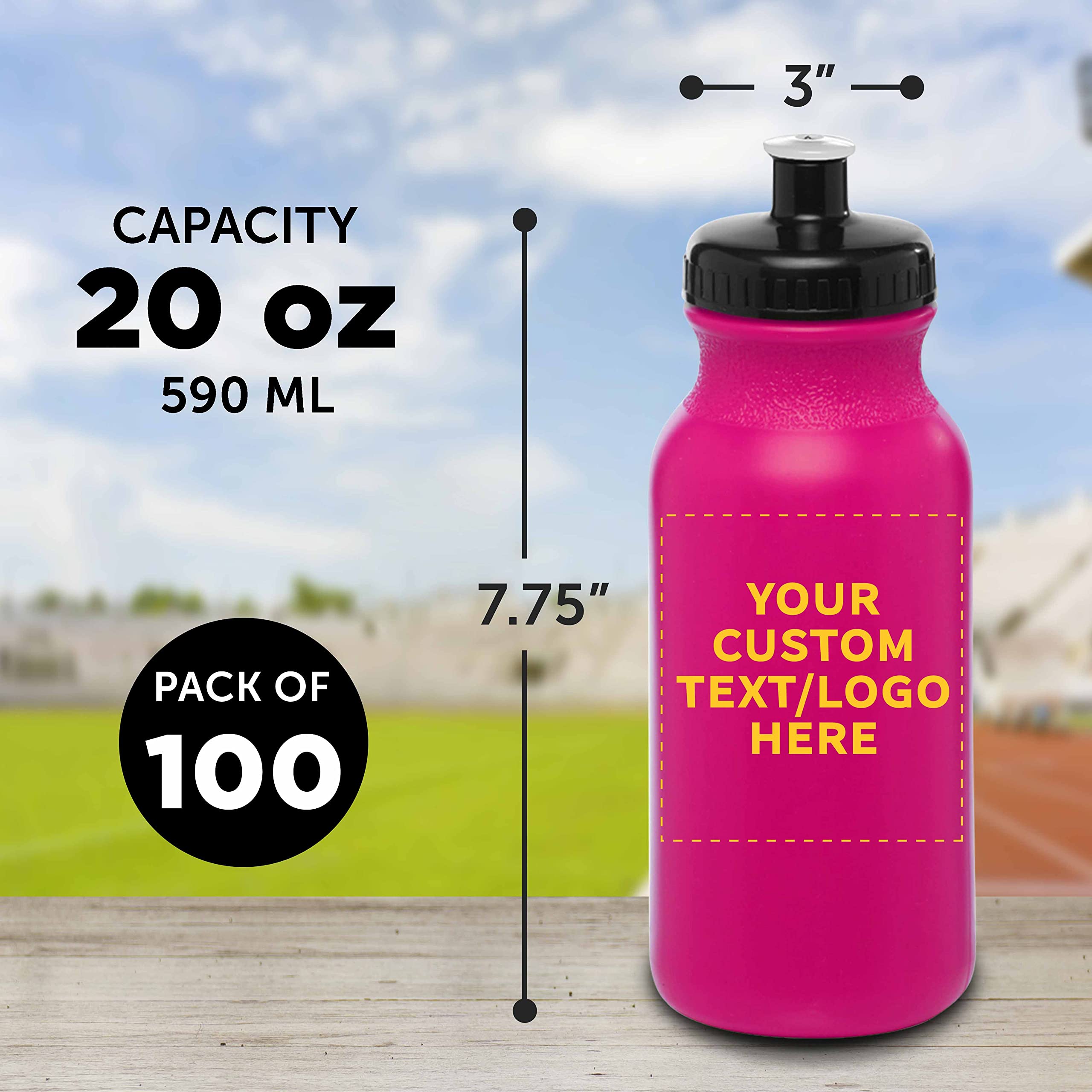 Custom 20 oz. Water Bottles with Push Cap - Bulk Pack of 100 Personalized Neon Pink Sports Bottles - Ideal for Gym, Hiking, Camping & Outdoor Activities - BPA Free Leakproof Design for Workouts, Travel & Sports Events