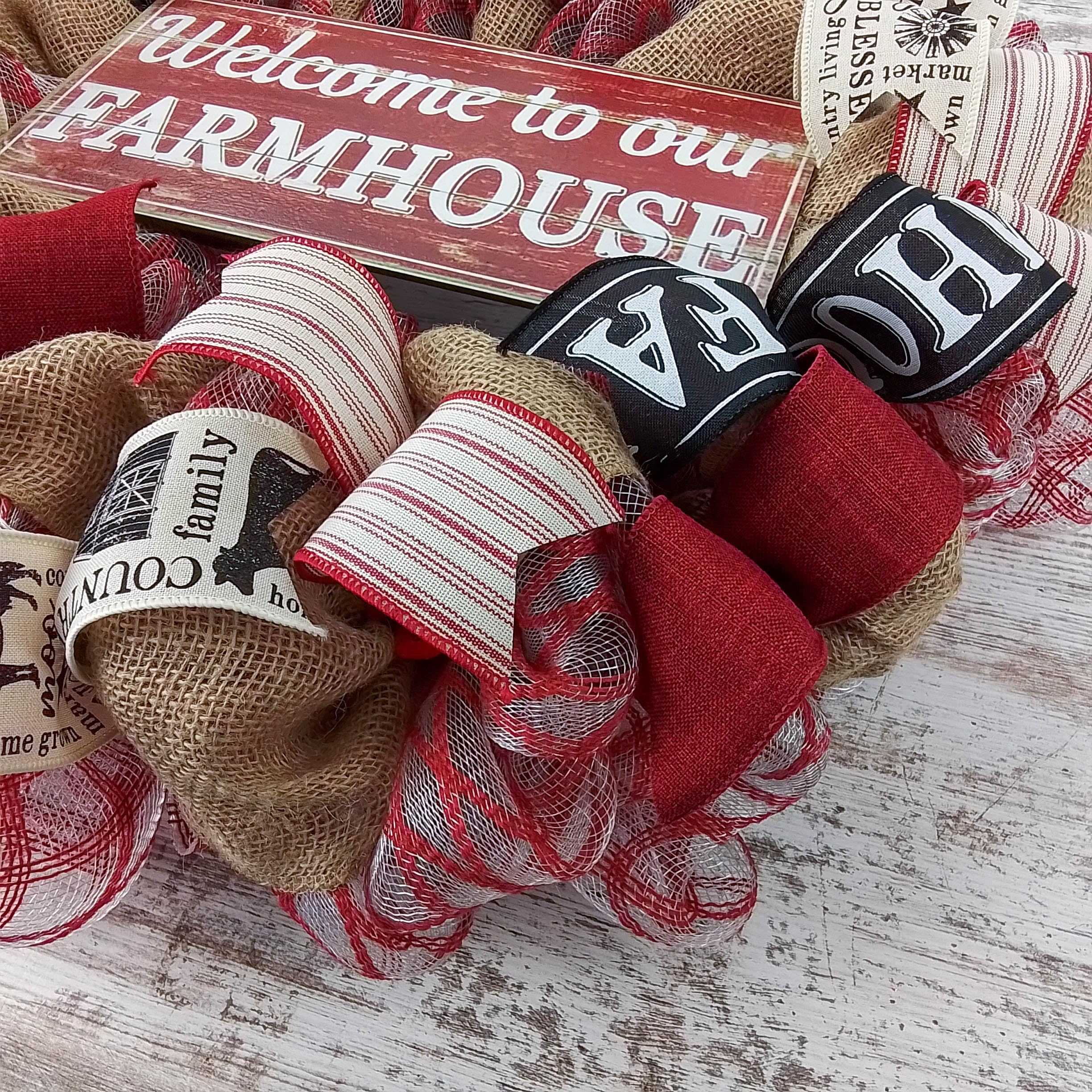 Farmhouse Wreath - Rustic Burlap Decor for Everyday & Mother's Day - Red and Black Burlap Wreath for Front Door, Wall Decor, and Seasonal Home Decorating