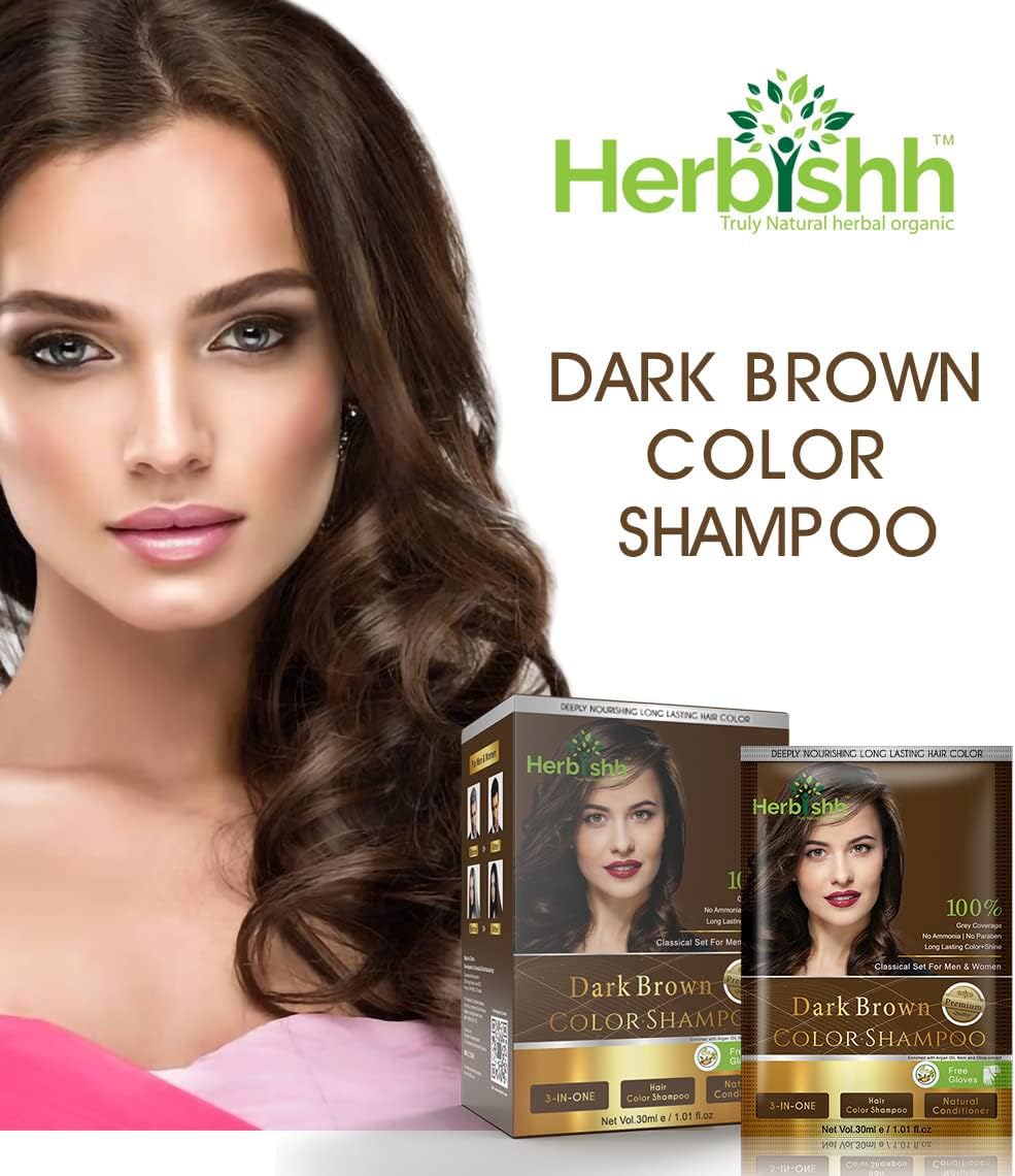 Herbishh Gray Hair Color Shampoo (Dark Brown) with Hair Wax Stick - Natural Hair Dye for Women & Men | Covers Gray Hair & Styling for Daily Use