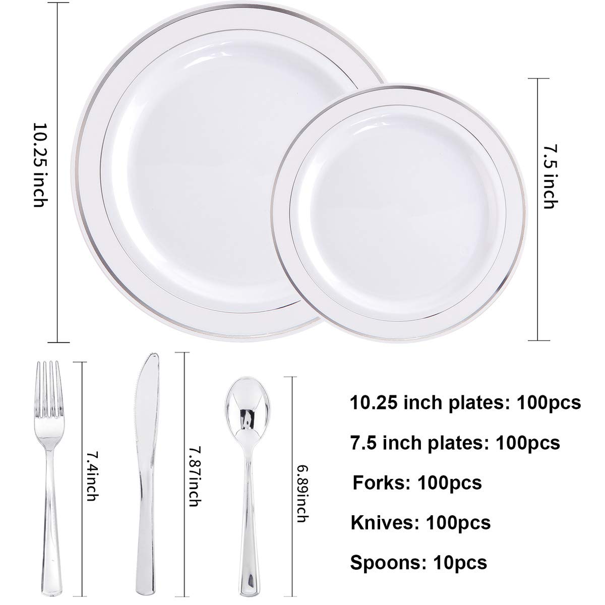 700-Piece Silver Disposable Dinnerware Set for 100 Guests - Includes 100 Dinner Plates, 100 Dessert Plates, 100 10oz Cups, 100 Napkins & 100 Plastic Cutlery Sets | Perfect for Weddings, Parties, Catering & Large Events
