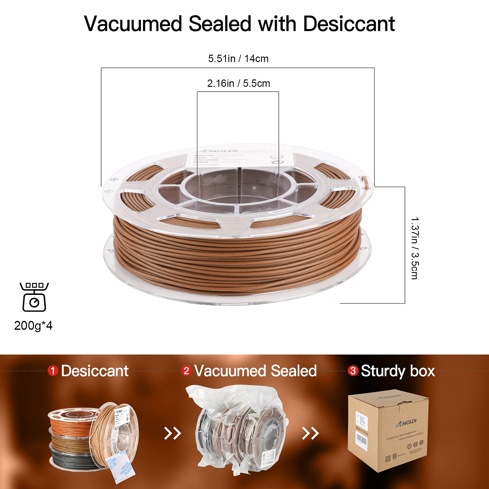 AMOLEN 3D Printer Wood PLA Filament Bundle - 1.75mm, 200g x 4 Spools (Walnut, Cherry, Bamboo, Ebony) for Creative 3D Printing Projects, Home Decor & DIY Crafts