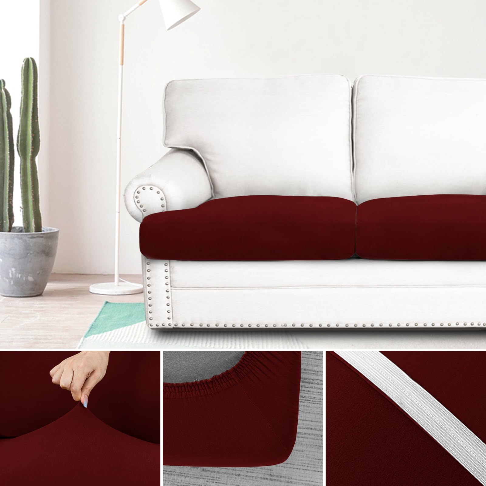 Molasofa T-Cushion Sofa Slipcover Set - Stretchable Spandex Fabric Couch Protector for Sectional, Armchair & Loveseat (3-Piece, Burgundy Red) - Perfect for Living Room, Family Room & Home Theater Seating Protection