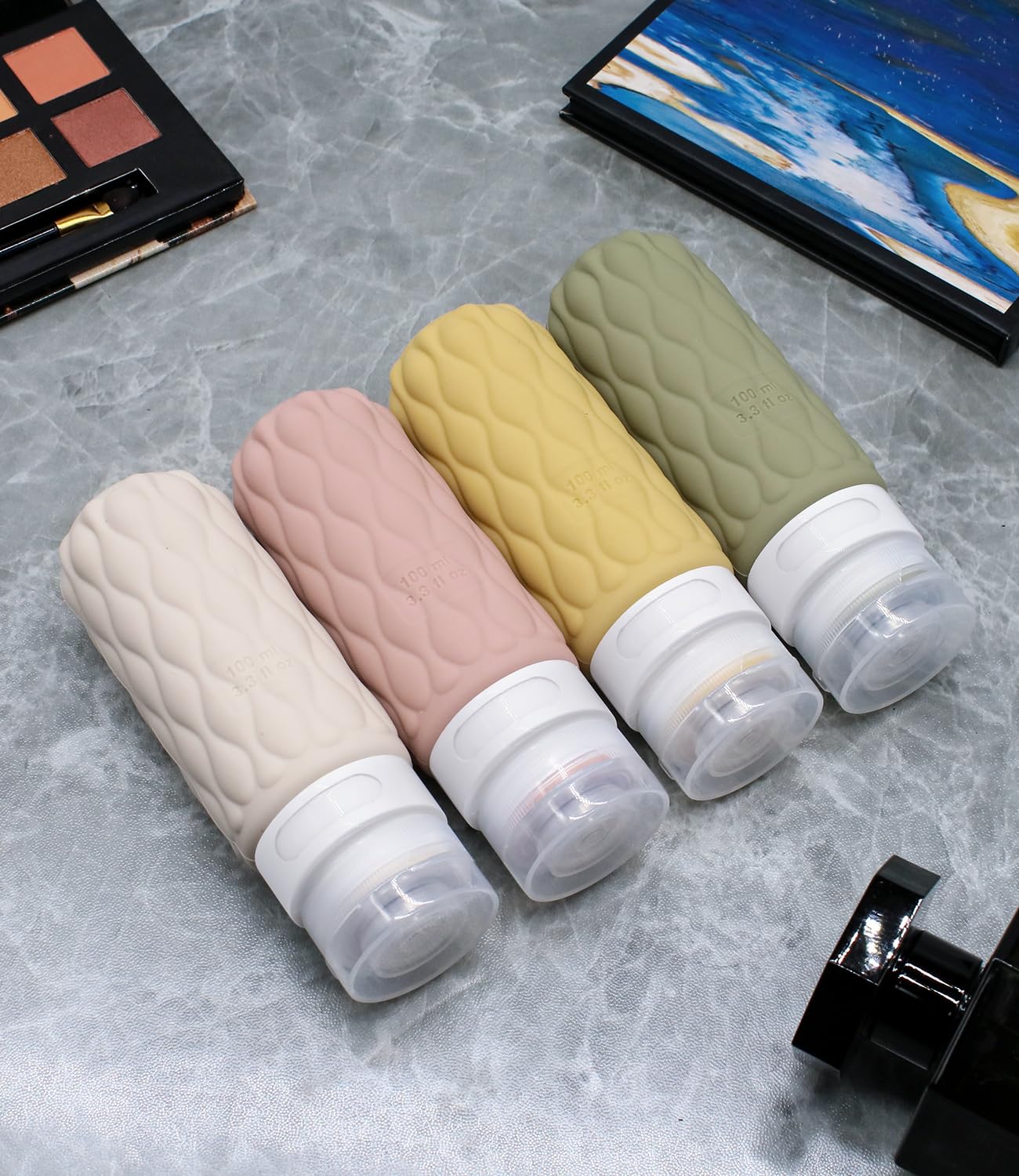 4 Pack 3.4oz TSA Approved Travel Bottles - Leak Proof Silicone Toiletry Containers with Clear Zipper Bag | Portable Squeezable Travel Size Bottles for Shampoo, Lotion & Cosmetics | Perfect for Airplane Carry-on, Gym & Vacation Essentials