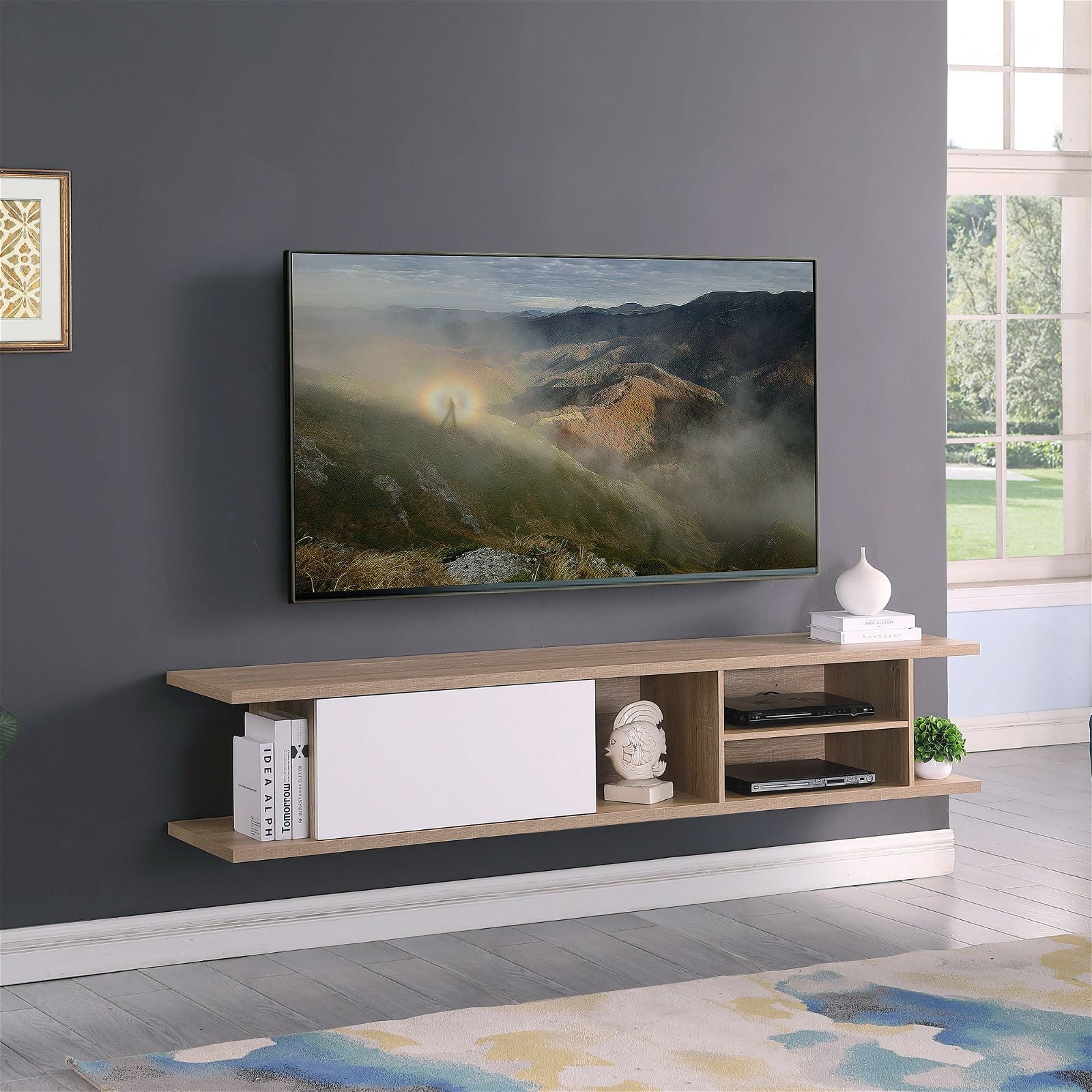 Auldrin 200cm Floating TV Stand with Wall Mount - Modern Oak Entertainment Center for Living Room - Perfect for Home Theater Setup & Space Saving Design