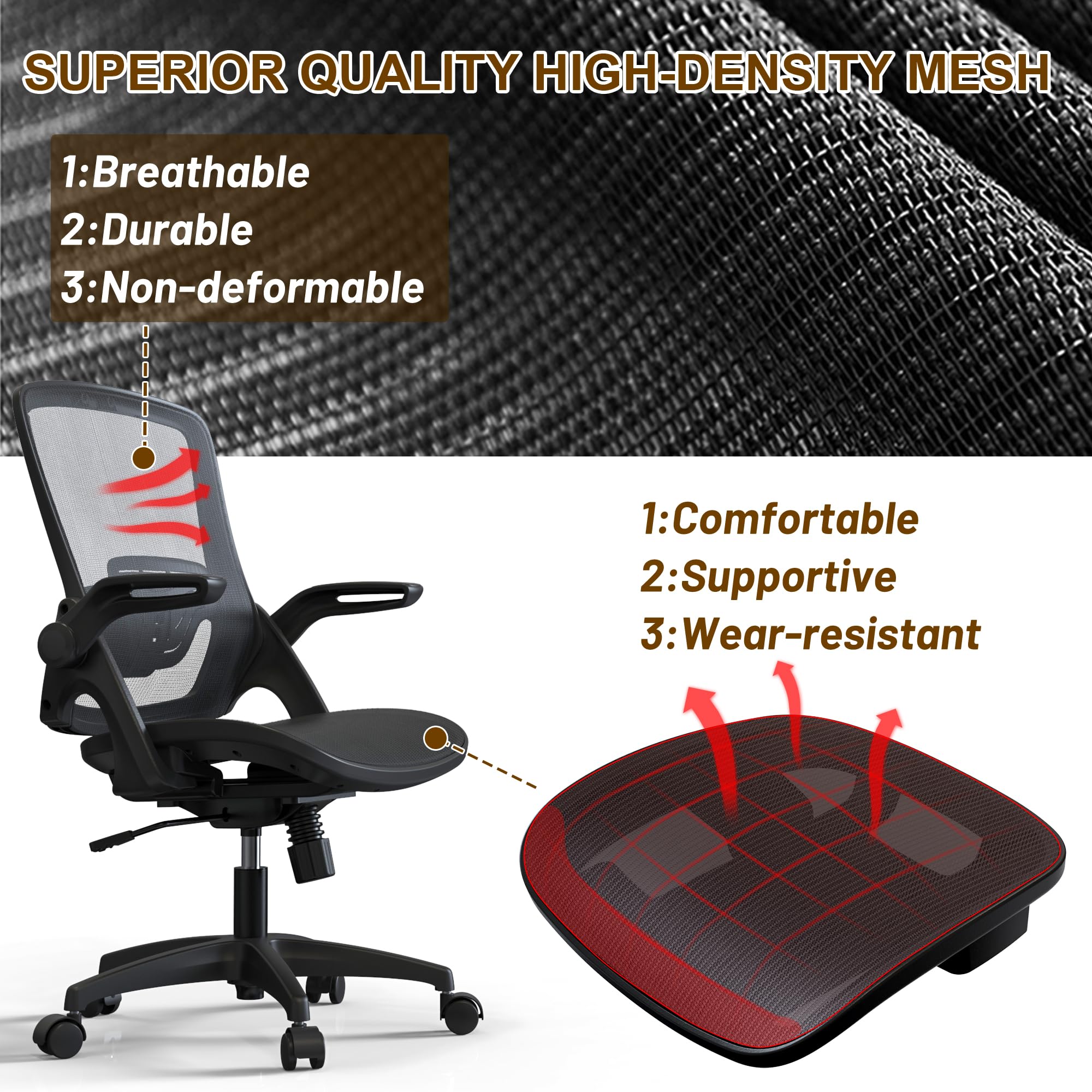 KOLLIEE Ergonomic Mesh Office Chair with Adjustable Lumbar Support & Flip-Up Arms - Breathable Swivel Computer Desk Chair for Home Office, Gaming & Workspace - Black