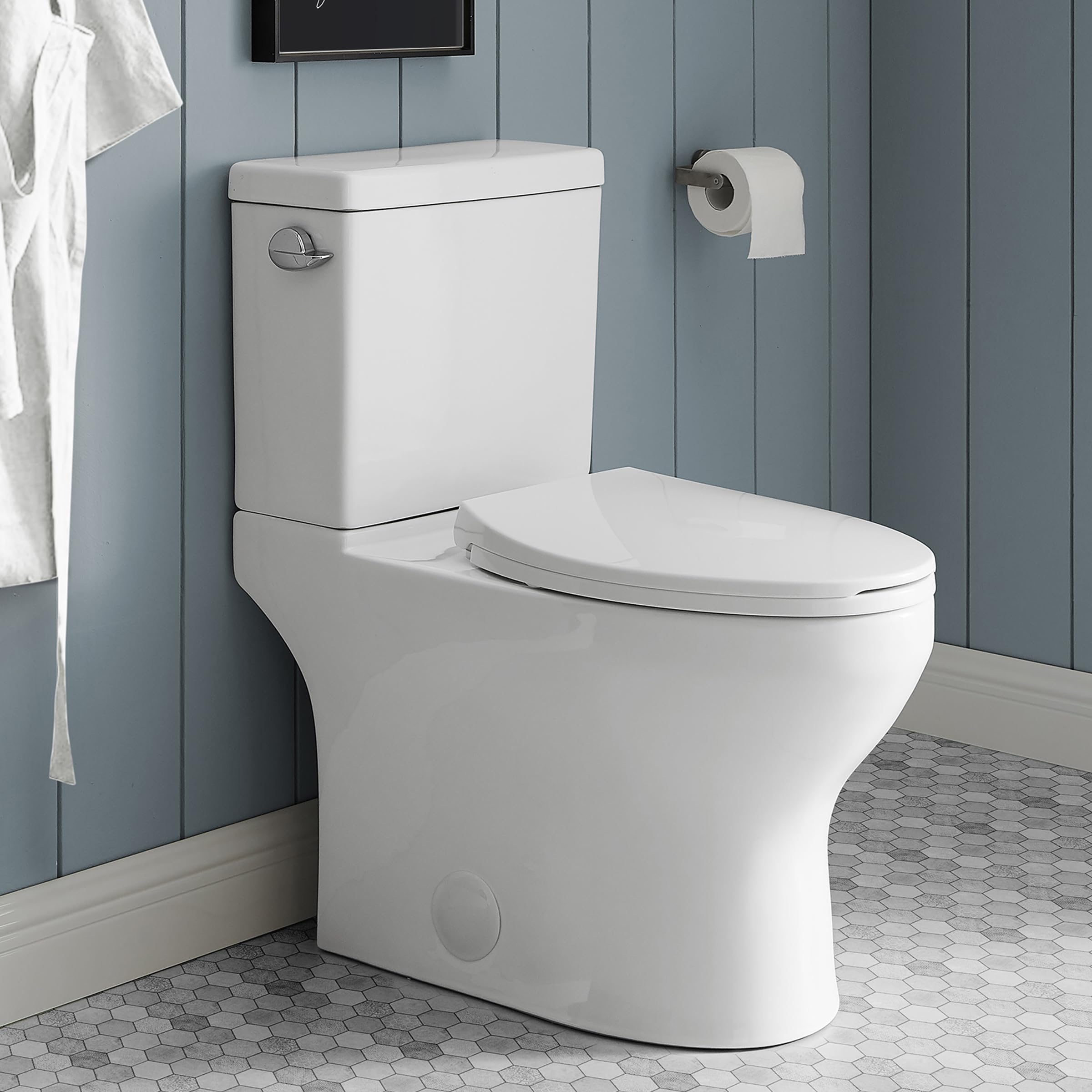 Swiss Madison Well Made Forever Classe Two-Piece Elongated Left Side Flush Handle Toilet 1.28 GPF - Modern Water-Efficient Bathroom Solution for Homes & Commercial Spaces