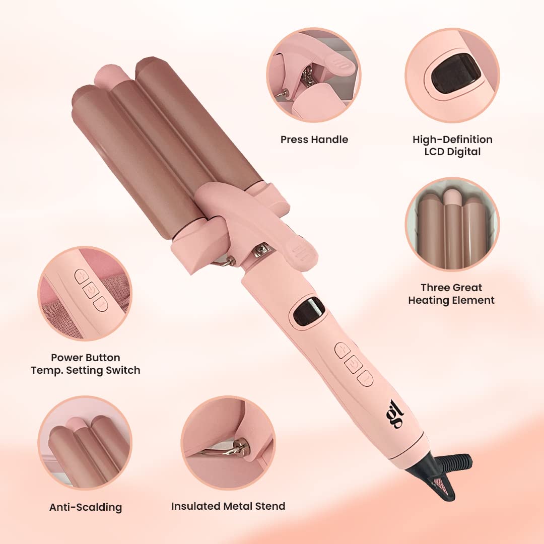 GL Hair 3 Barrel Waver Kit (6-Piece Set) - 25mm Curling Iron with 3 Heat Settings, Fast Heating for Beachy Mermaid Waves - Perfect for Long & Short Hair Styling at Home, Parties & Special Events