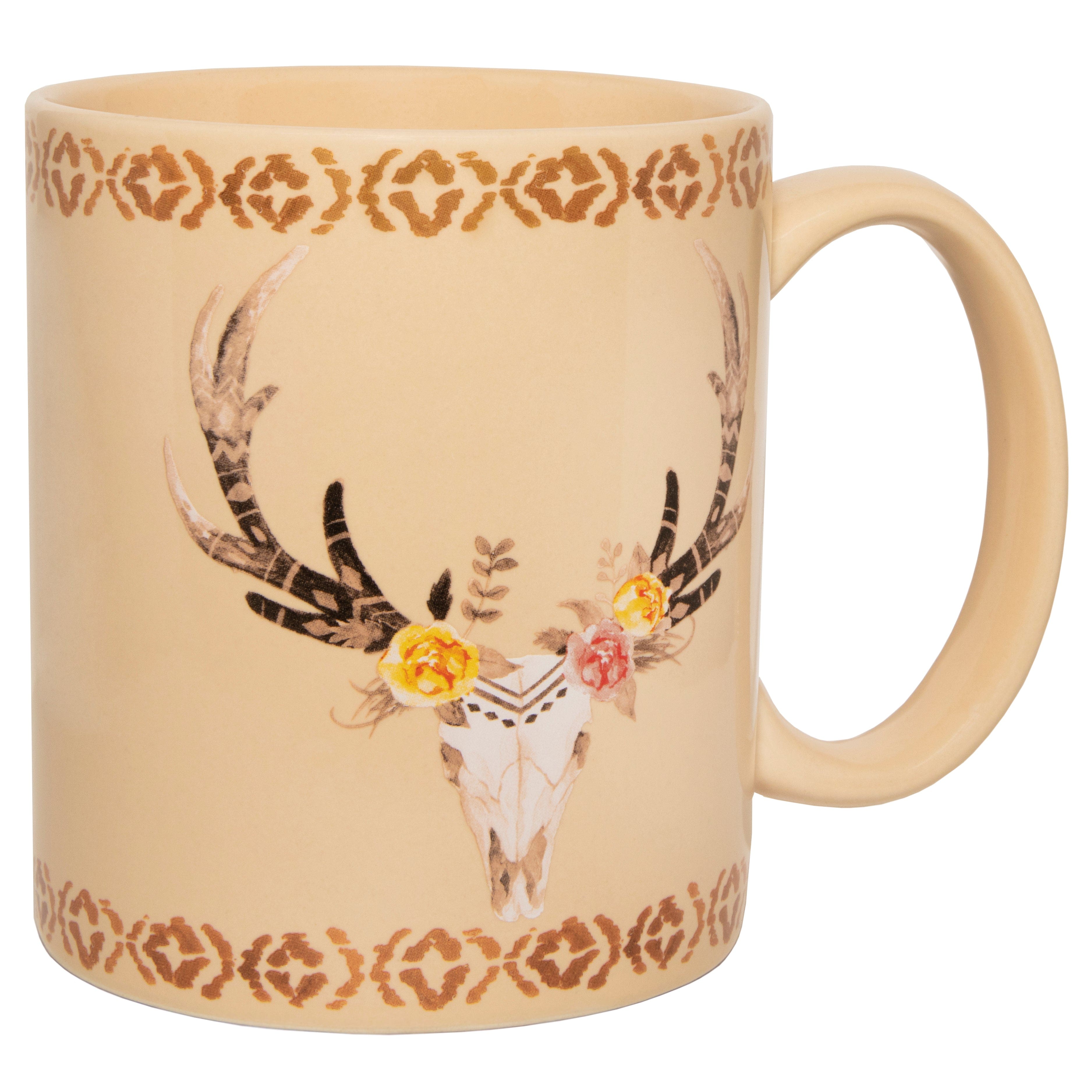 Desert Skull Coffee Mug and Cactus Coaster Set - 8 Piece Southwest Style Ceramic Cup with Matching Coasters for Home Decor, Kitchen, or Office Use