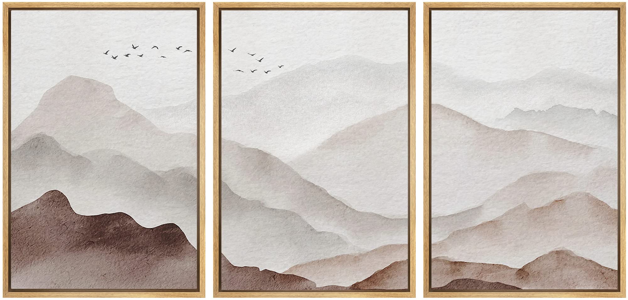 Framed Canvas Print Wall Art Set - Brown Watercolor Misty Mountain Range Nature Landscape, Modern Nordic Decor for Living Room, Bedroom, Office - 16x24 Inches (3 Panels) - Perfect for Home, Office & Gift Giving