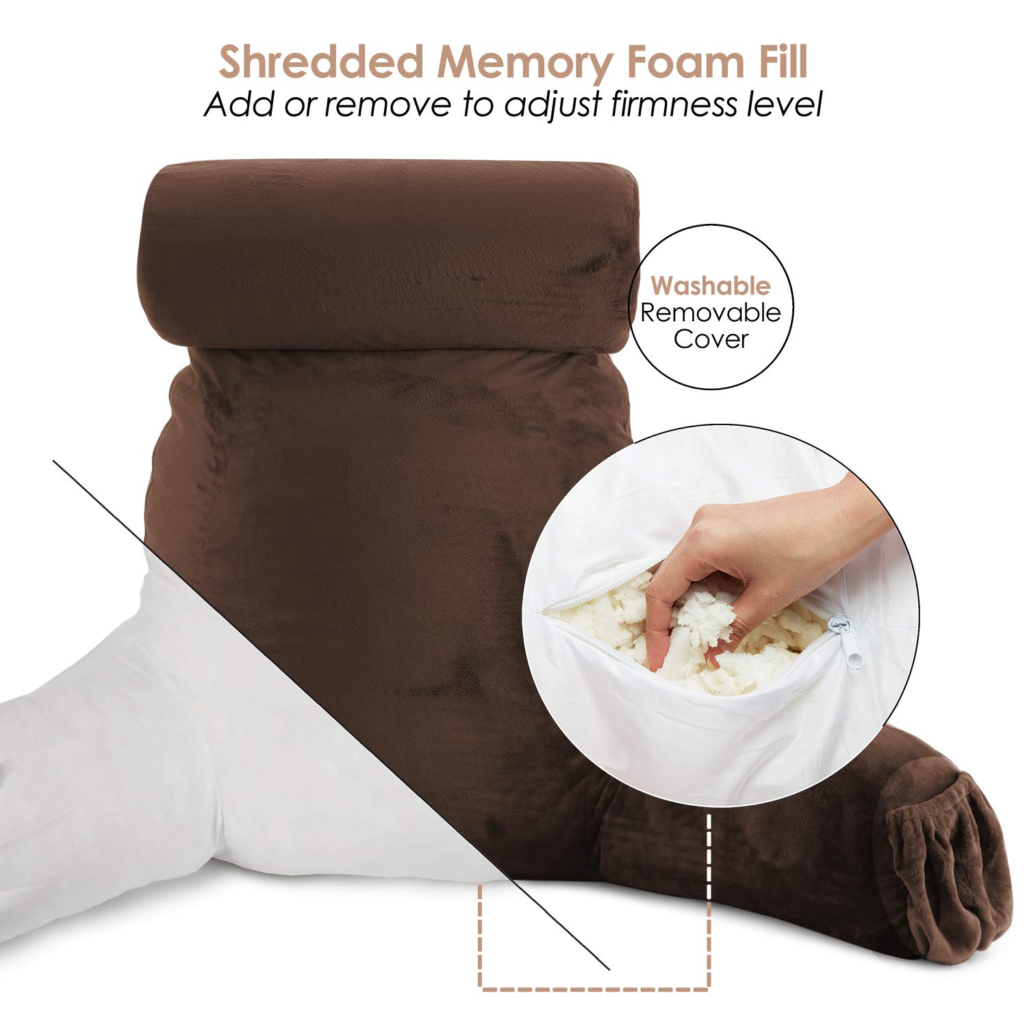 **Clara Clark Memory Foam Reading Pillow with Arms & Pockets - Large Back Support Pillow for Sitting Up in Bed, Sofa, or Floor - Chocolate Brown - Perfect for Reading, Watching TV, or Relaxing**