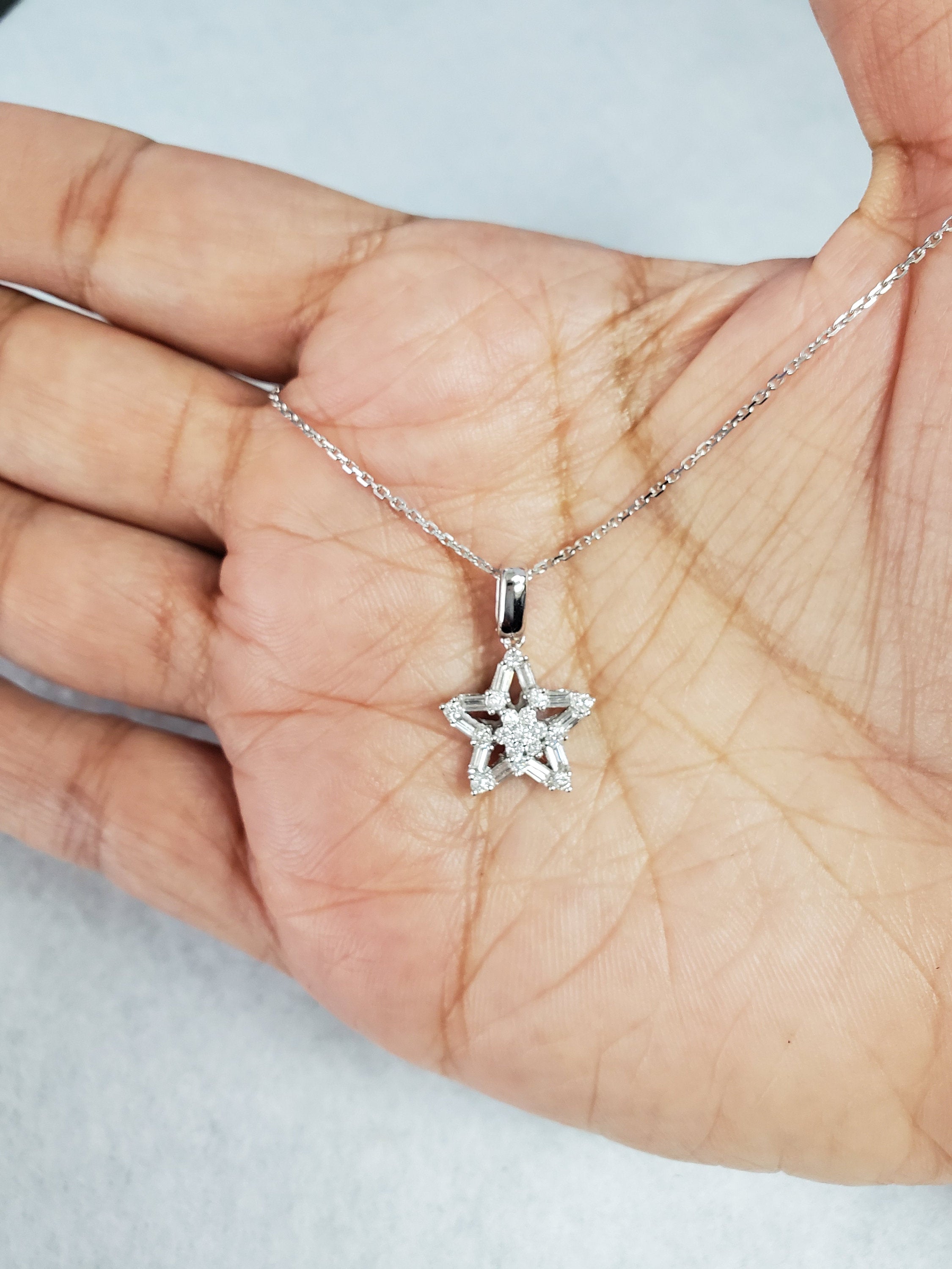 0.66cttw Tapered Baguette Star Pendant in 18K White Gold - Elegant Dainty Necklace for Women, Perfect for Anniversary Gifts & Special Occasions