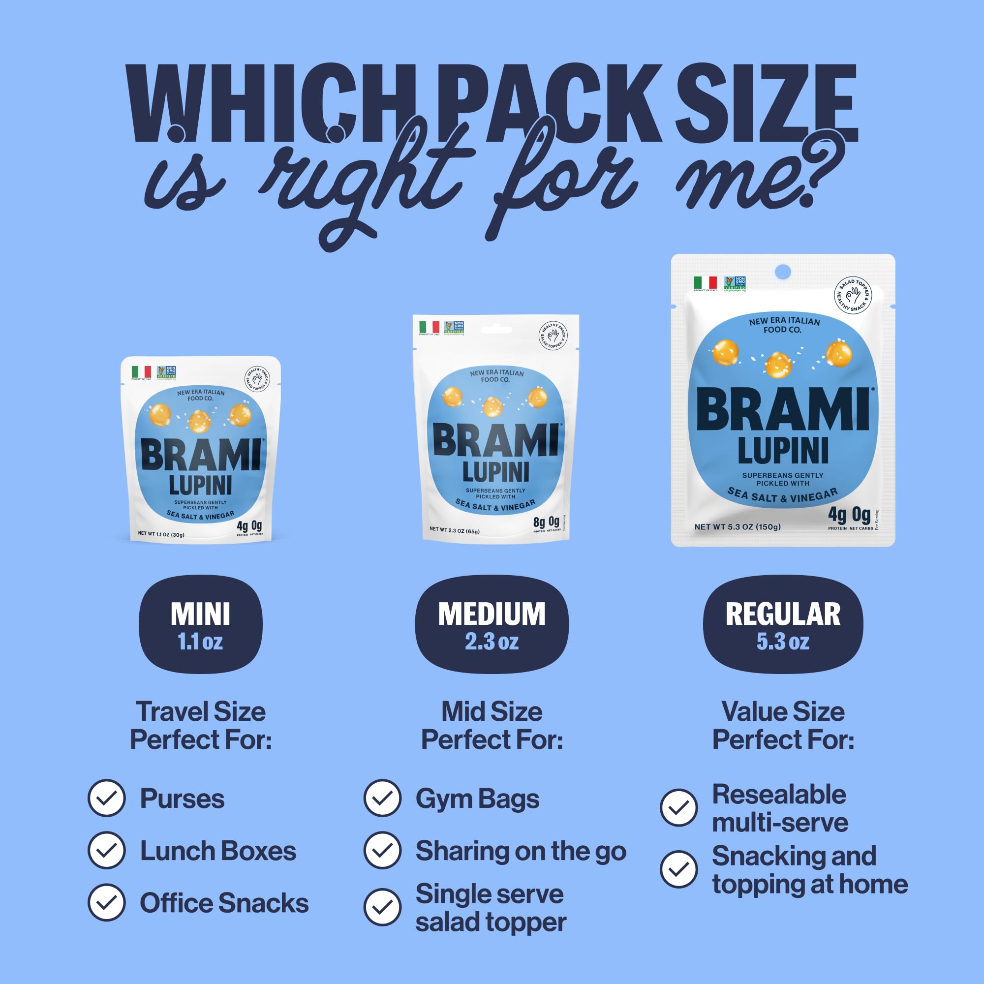 BRAMI Lupini Beans Snack Variety Pack - High Protein (7g), Low Carb (0g Net Carbs), Vegan, Keto & Mediterranean Diet Friendly - 5.3oz (8-Pack) | Perfect for On-the-Go Snacking, Office Lunch & Healthy Travel Food
