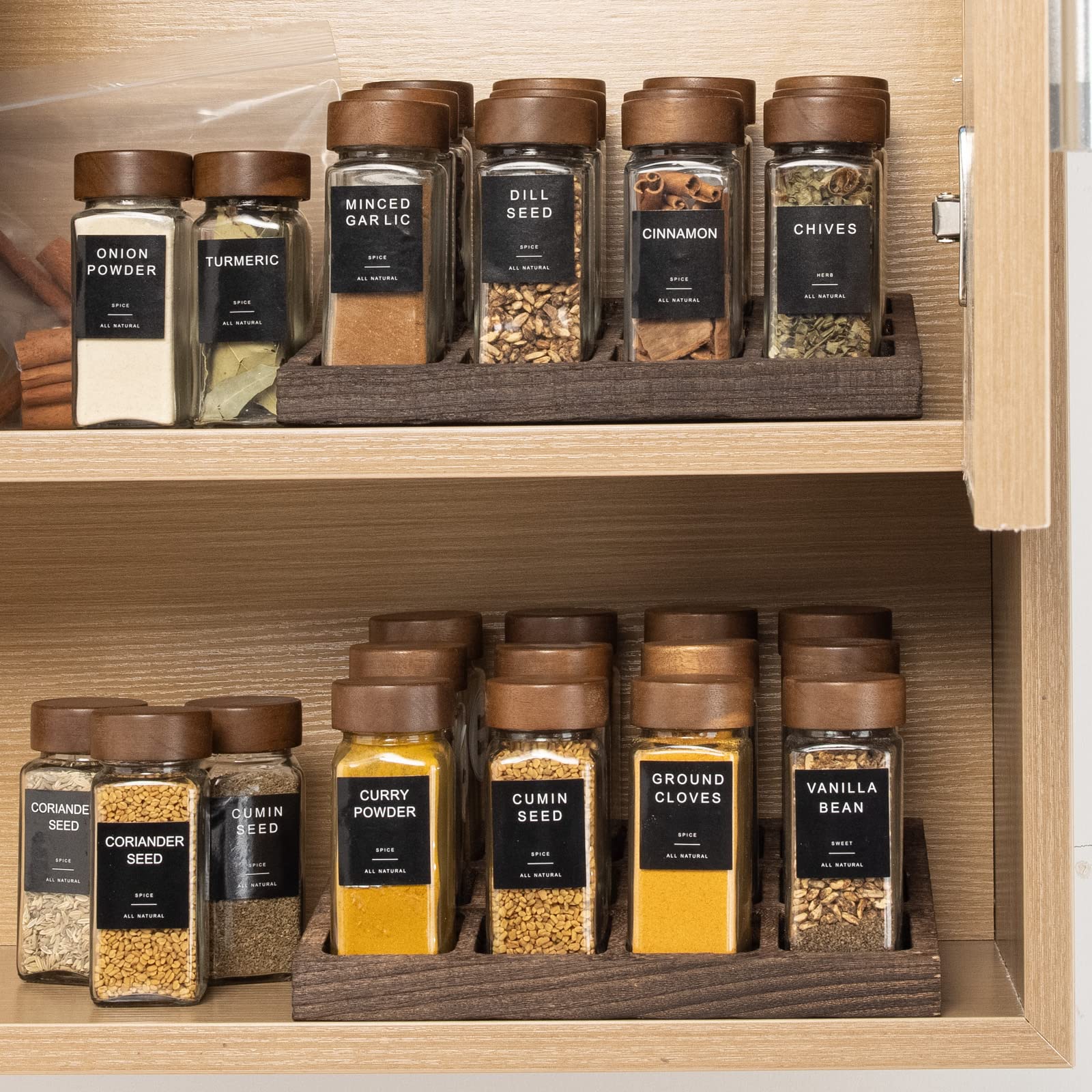 14Pcs Glass Spice Jars with Labels - 4OZ Square Spice Containers with Wood Lids, Pepper Grinder Lids & Funnel - Perfect for Kitchen Rack, Cabinet & Drawer Organization - Ideal for Cooking, Baking & Seasoning Storage
