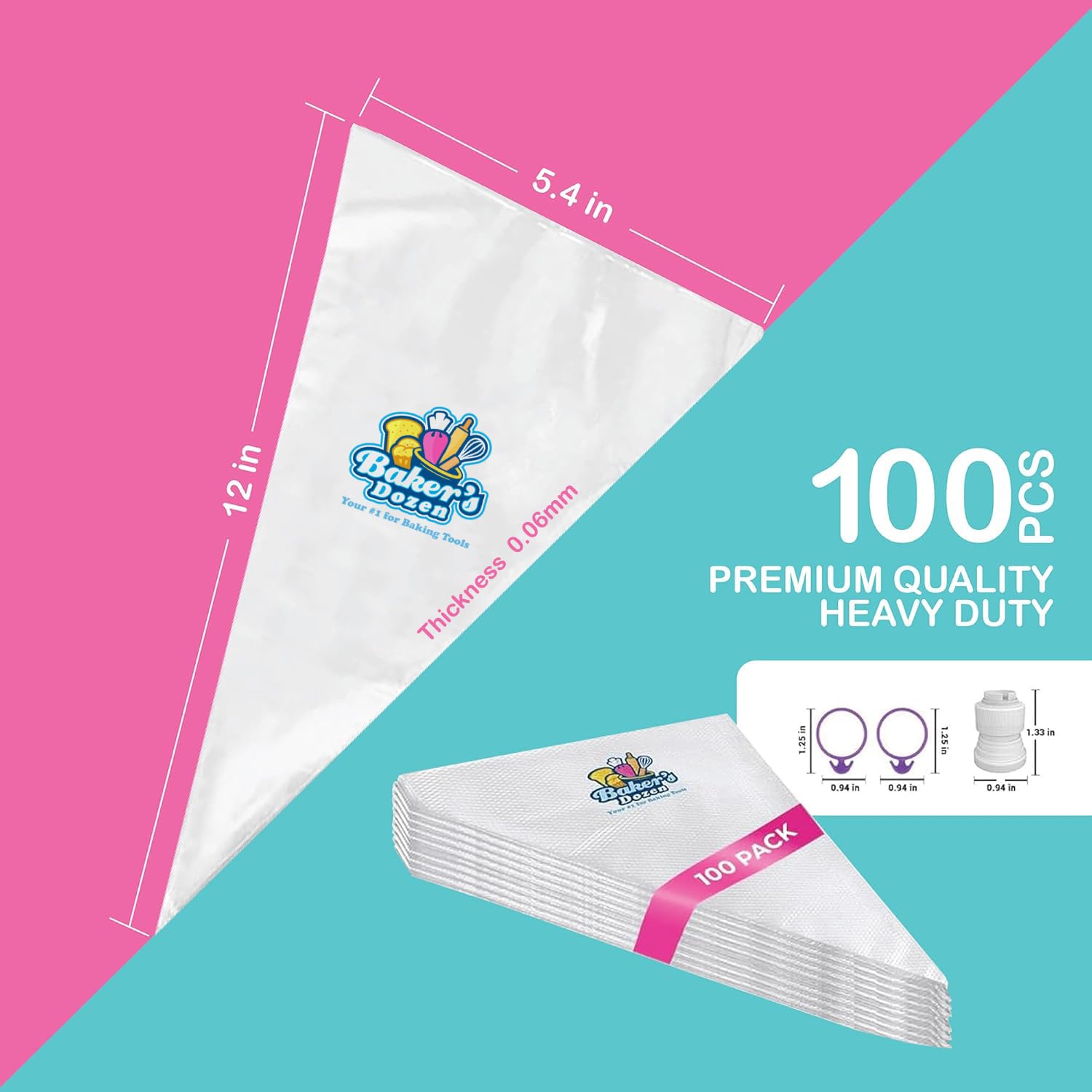 100 Disposable Pastry Bags 12 Inch - Heavy Duty Extra Thick Piping Bags with 1 Coupler & 2 Ties - Anti-Burst Non-Slip Cake Decorating Supplies for Baking, Cupcakes, Cookies & Dessert Decoration