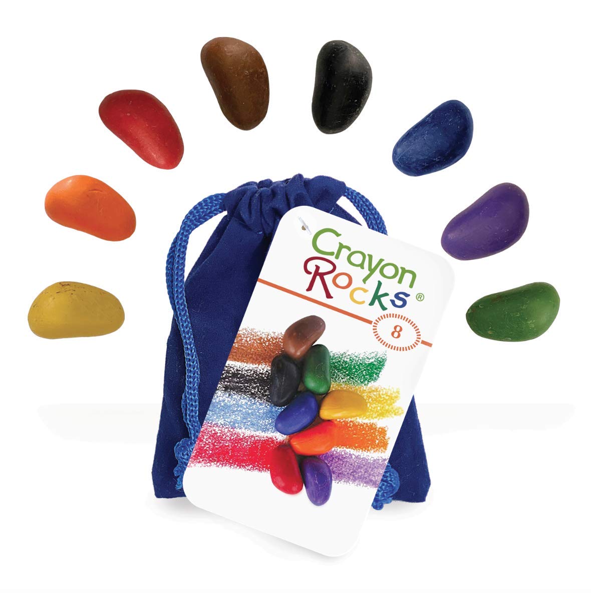 Crayon Rocks - 8 Color Tripod Grip Crayons for Kids Handwriting Development | Fun Educational Toddler Art Supplies | Creative Drawing Activity Set in Blue Velvet Bag - Perfect for Classroom, Homeschool & Sensory Play