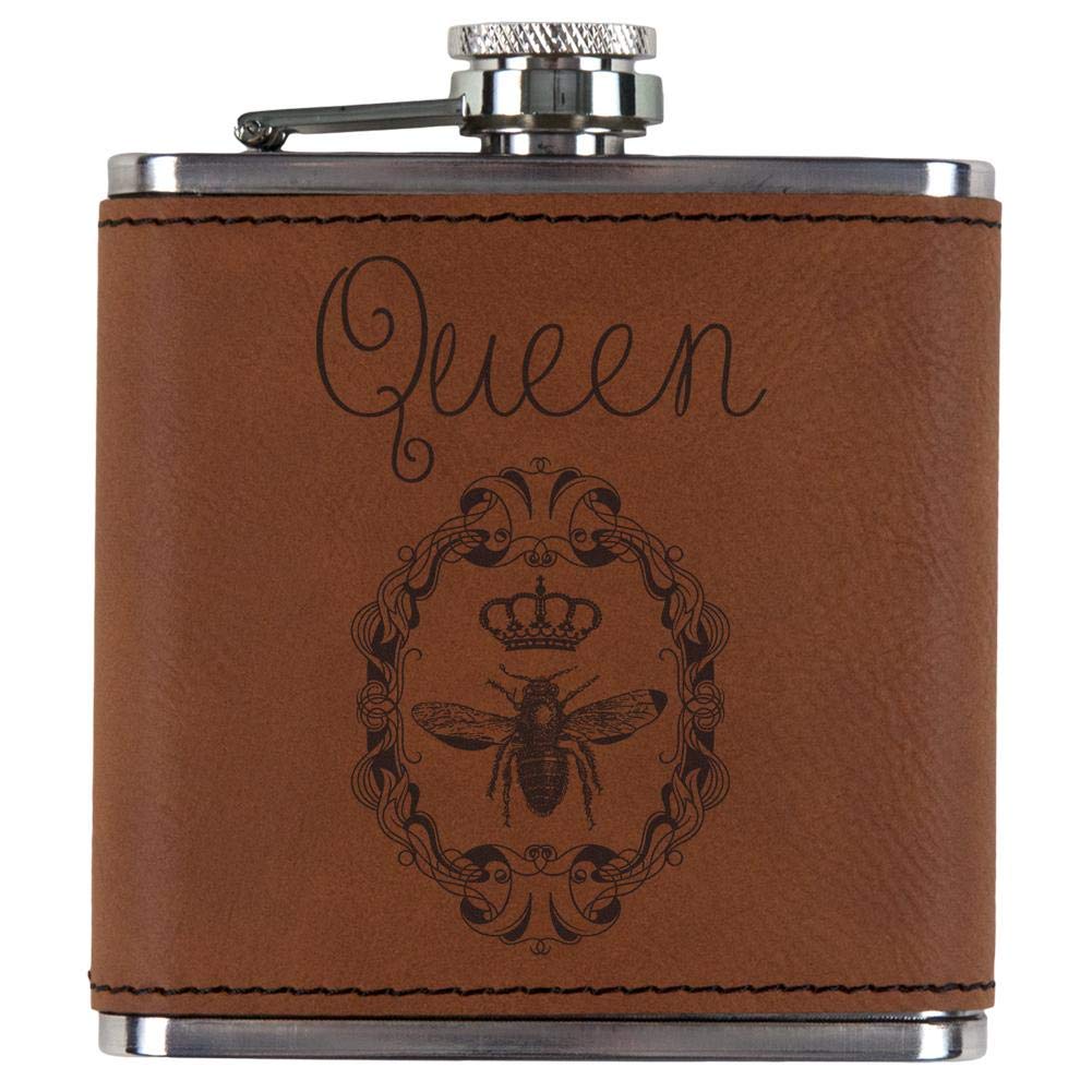 Old Glory Queen Bee Etched Leatherette Flask - Genuine Rawhide Leather Hip Flask for Whiskey, Bourbon & Liquor - Perfect for Outdoor Adventures, Camping & Gifts