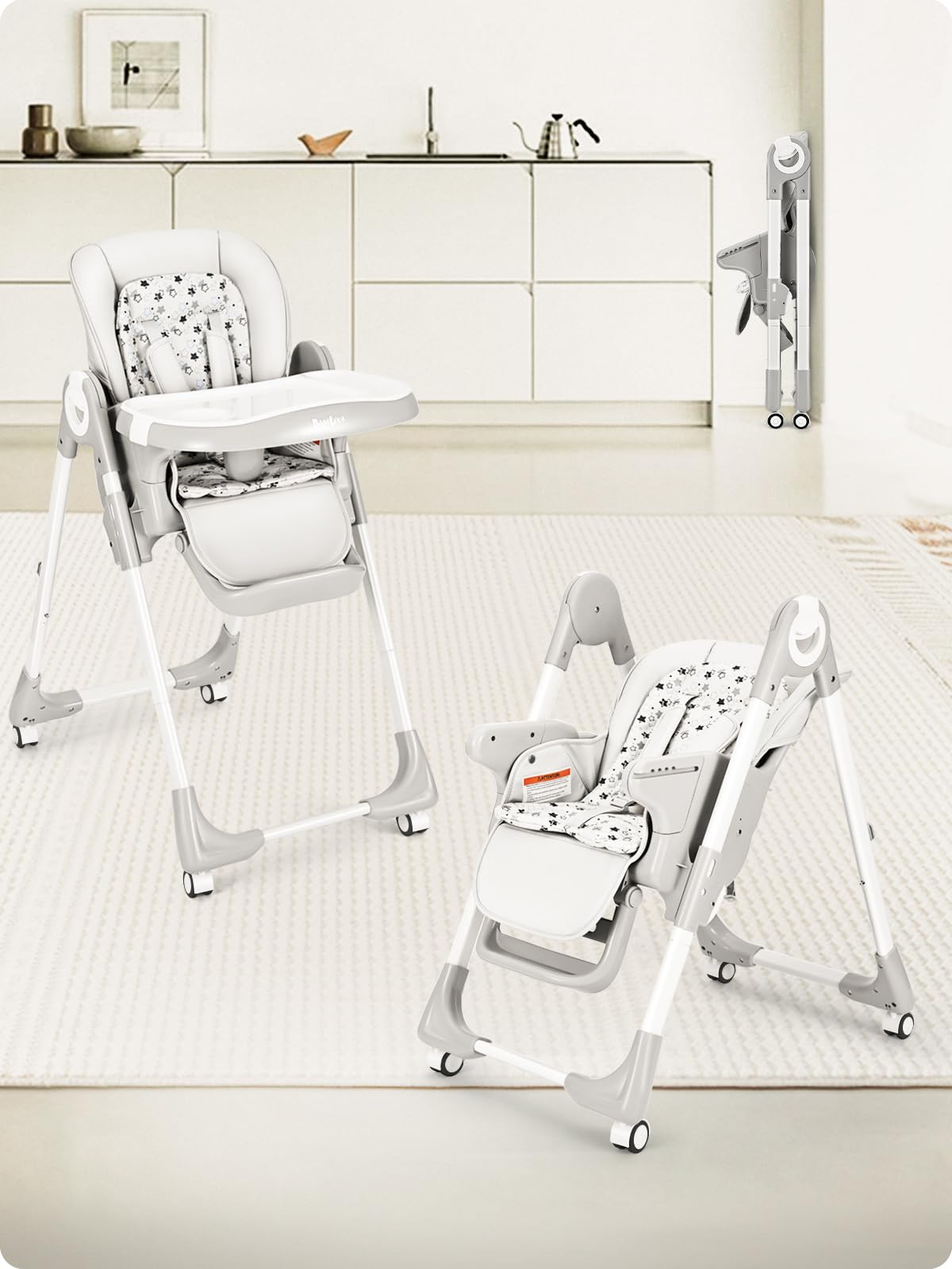 Convertible Baby High Chair with Adjustable Backrest & Footrest - Foldable Toddler Dining Chair with Removable Tray & Locking Wheels (Star Gray) - Perfect for Home, Restaurant & Travel Use
