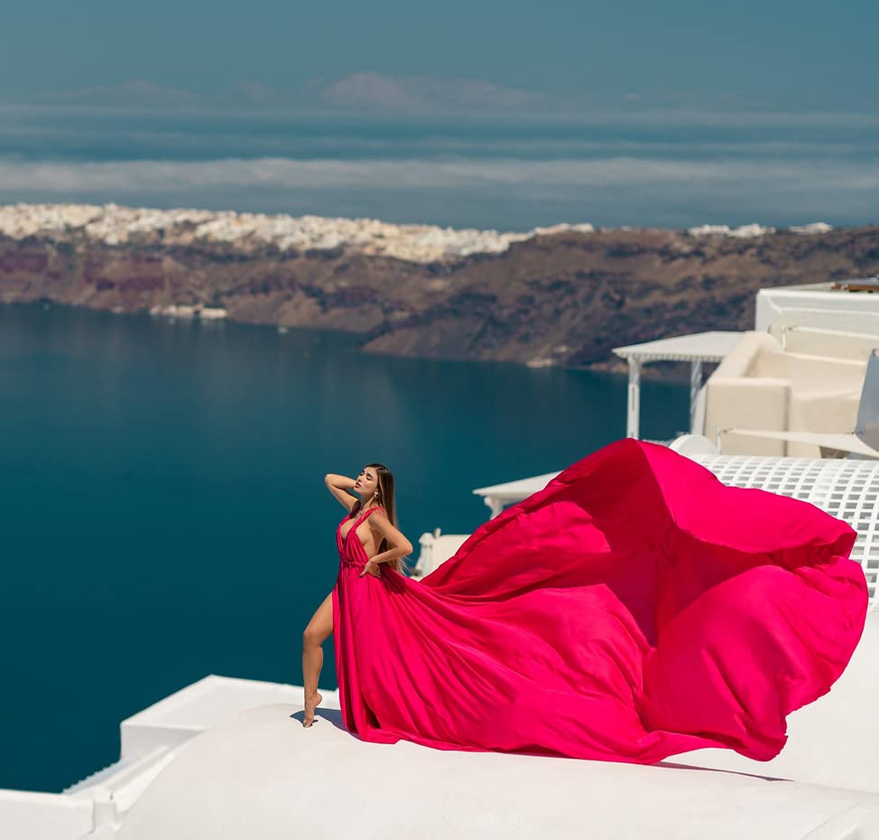 Elegant Long Flying Dress for Photoshoots - Flowy Satin Gown with Train | Santorini Photo Dress | Perfect for Beach Weddings, Maternity Photos & Vacation Photography