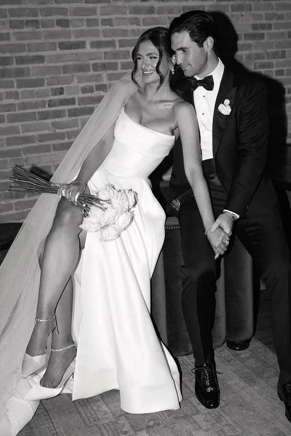 Elegant A-Line Strapless White Satin Wedding Gown with Thigh High Slit - Perfect for Bridal Ceremony, Vow Renewal & Formal Evening Events