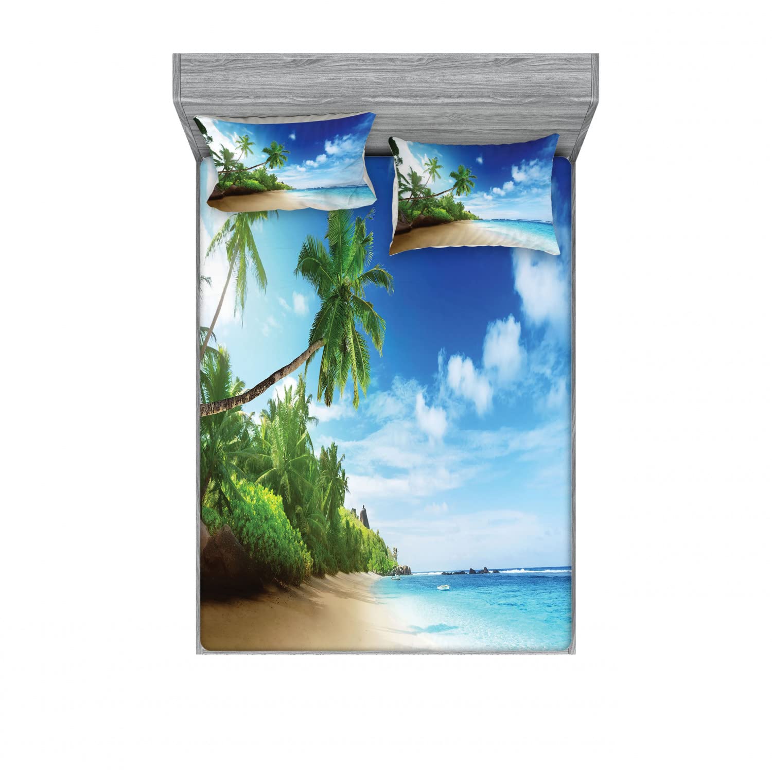 Ambesonne 2-Pack Queen Size Fitted Sheet & Pillow Sham Set - Beach Sunset Ocean Waves Design - 4 Piece Bedding Set (2 Fitted Sheets + 4 Pillow Covers) in Pale Brown Green Blue - Coastal Decor for Guest Room, Vacation Home or Beach House Retreat