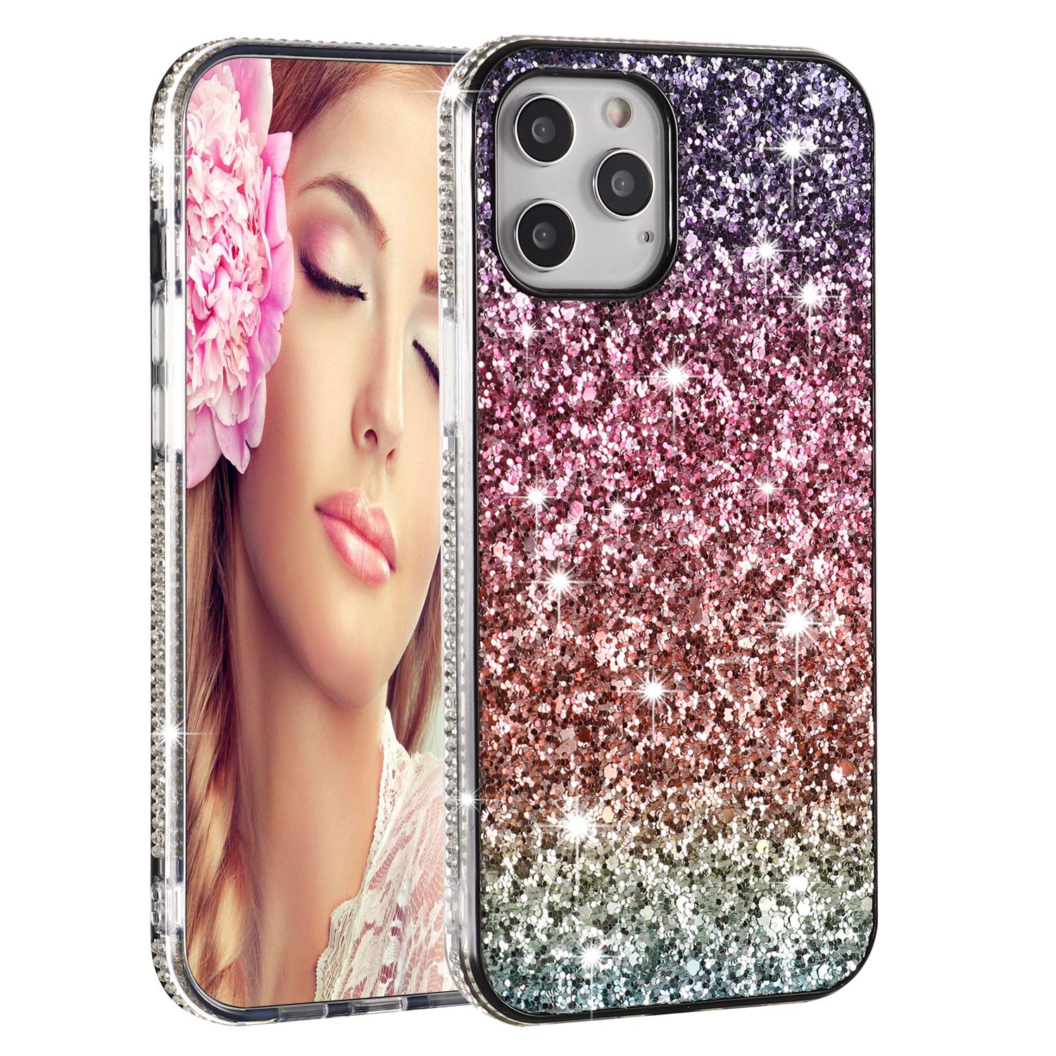 Solomo Glitter Luxury Sparkle Rainbow iPhone 12 Pro Max Case - Soft TPU Bumper with Bling Diamond Protection for iPhone 12 Pro Max 6.7