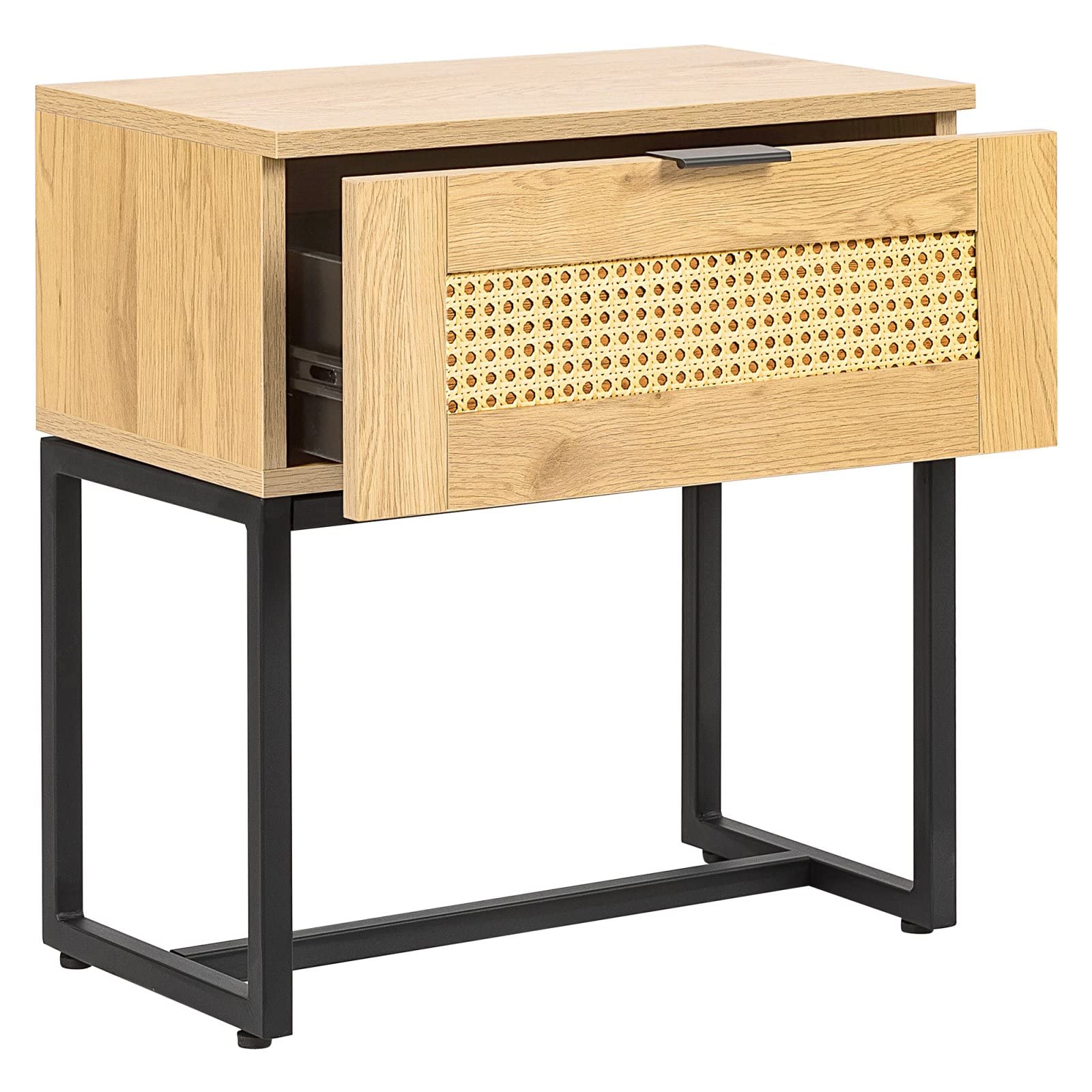 Rattan Nightstand with Wood MDF Top & Black Steel Frame - Modern Side Table for Bedroom, Living Room, Sofa | End Table for Small Spaces, Apartment Decor, Farmhouse Style Home Furniture