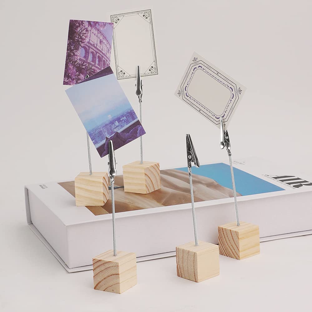 10 PCS Wooden Memo Clips with Alligator Clasps - Lightweight Wooden Cube Base Photo/Note Holders - Perfect for Table Numbers, Place Cards, Memo Display & Picture Frames - Ideal for Weddings, Events, Office & Home Decor