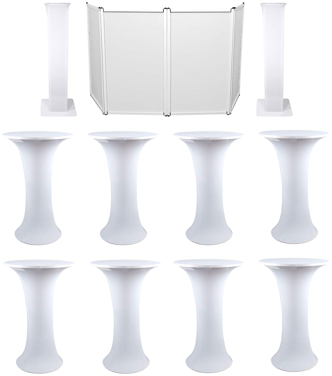 8-Piece Club Scene Highboy Table Set with White Scrim, Carry Bag, DJ Facade & 2 Totem Stands - Perfect for Nightclubs, Bars, and Event Venues